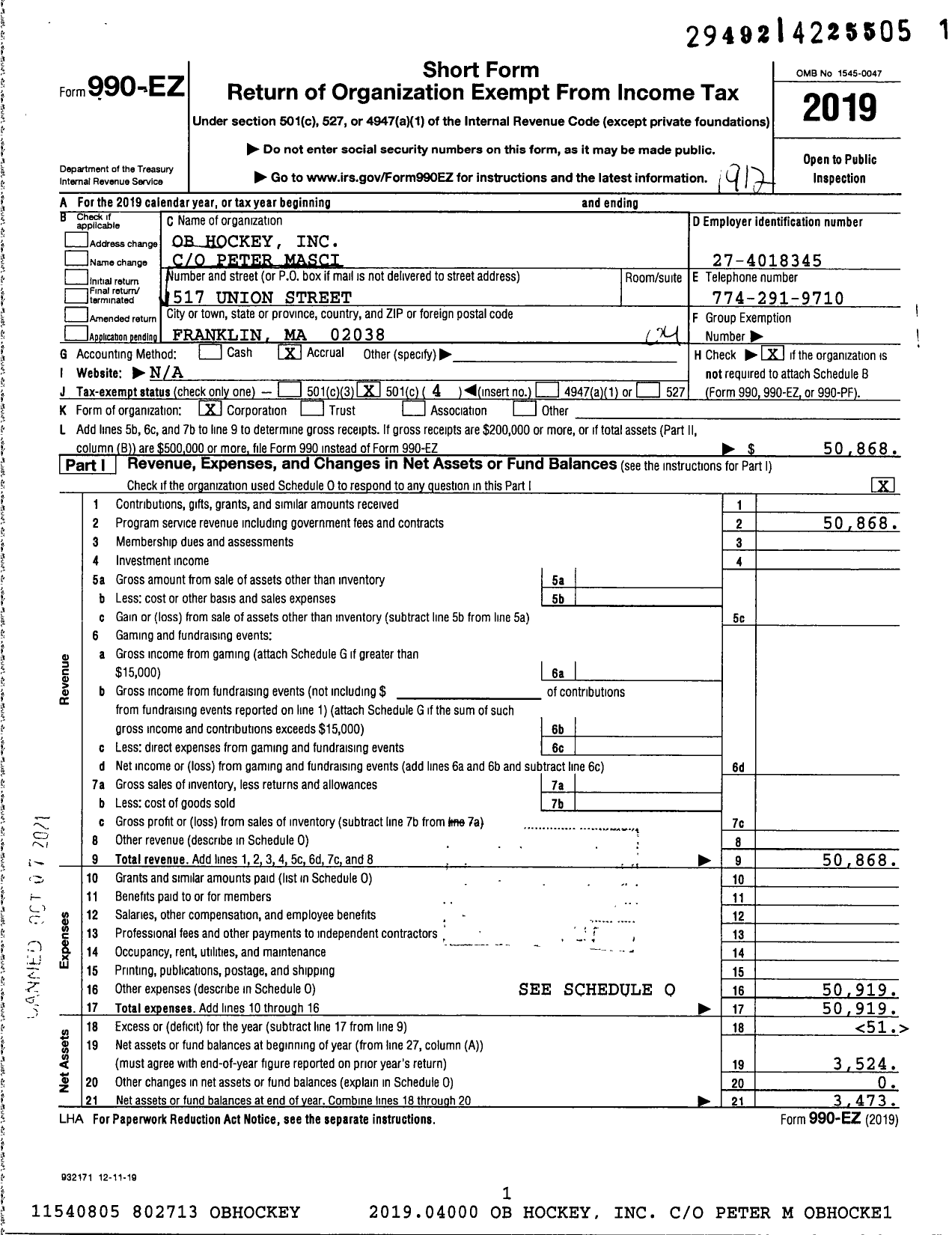 Image of first page of 2019 Form 990EO for OB Hockey