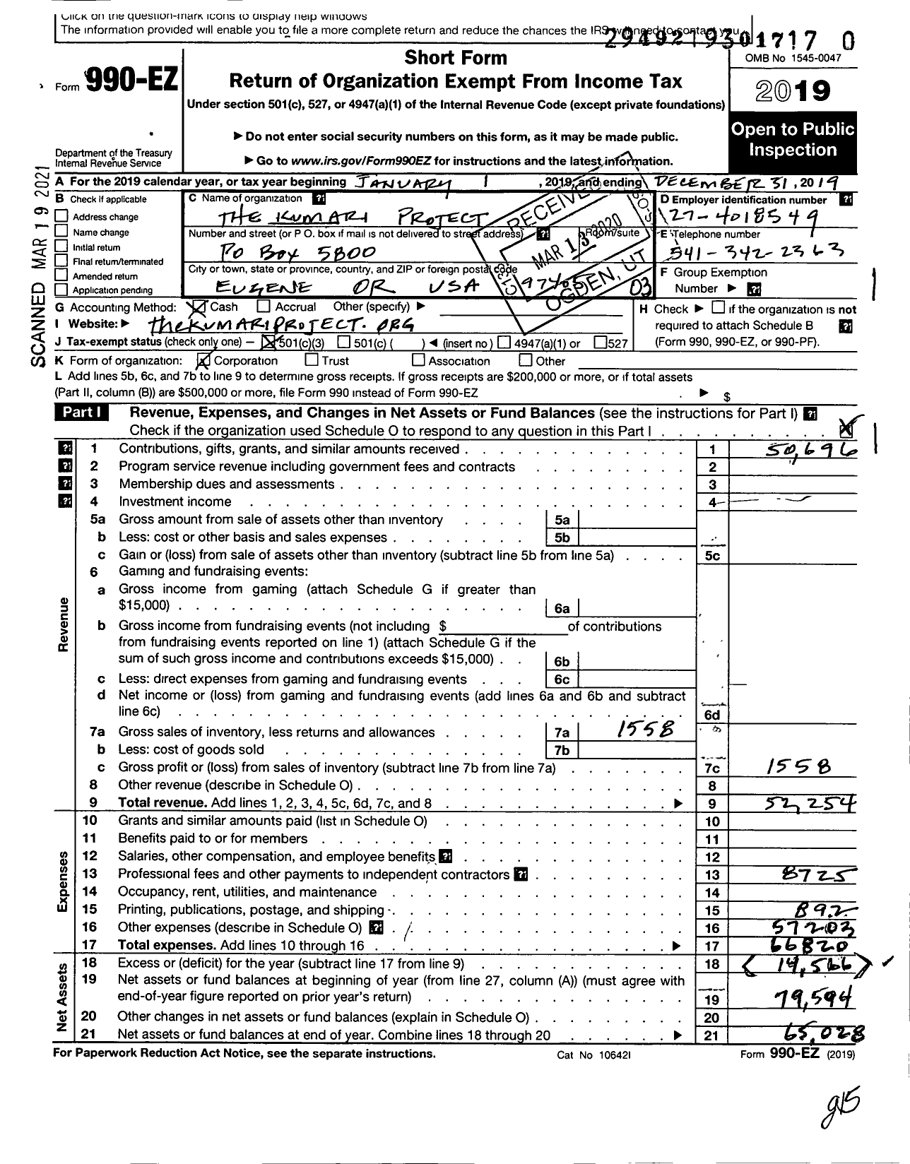 Image of first page of 2019 Form 990EZ for The Kumari Project