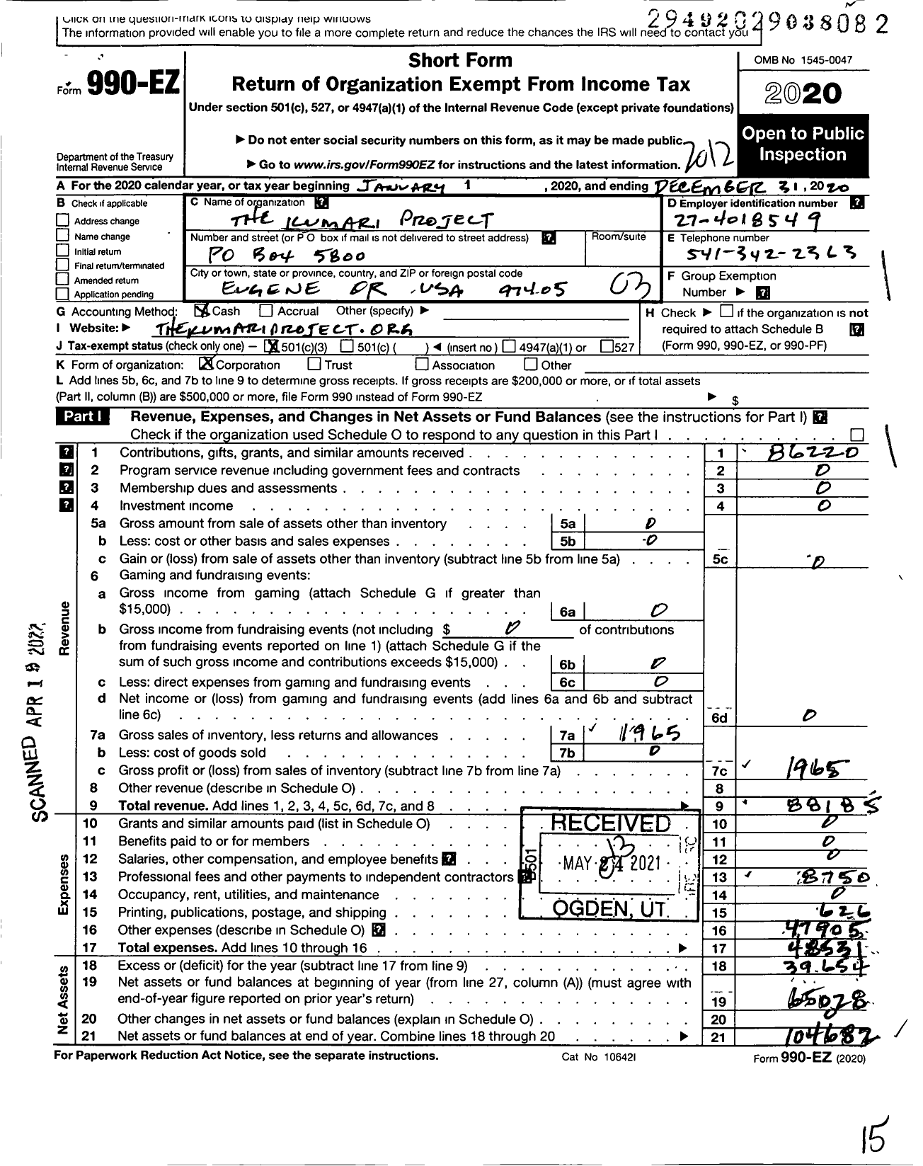 Image of first page of 2020 Form 990EZ for The Kumari Project