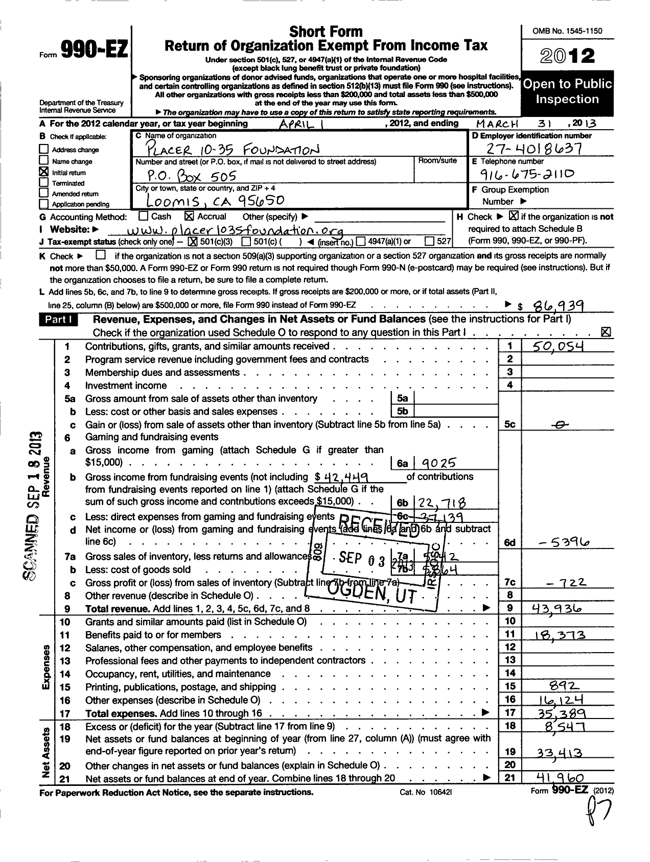 Image of first page of 2012 Form 990EZ for Placer 10-35 Foundation