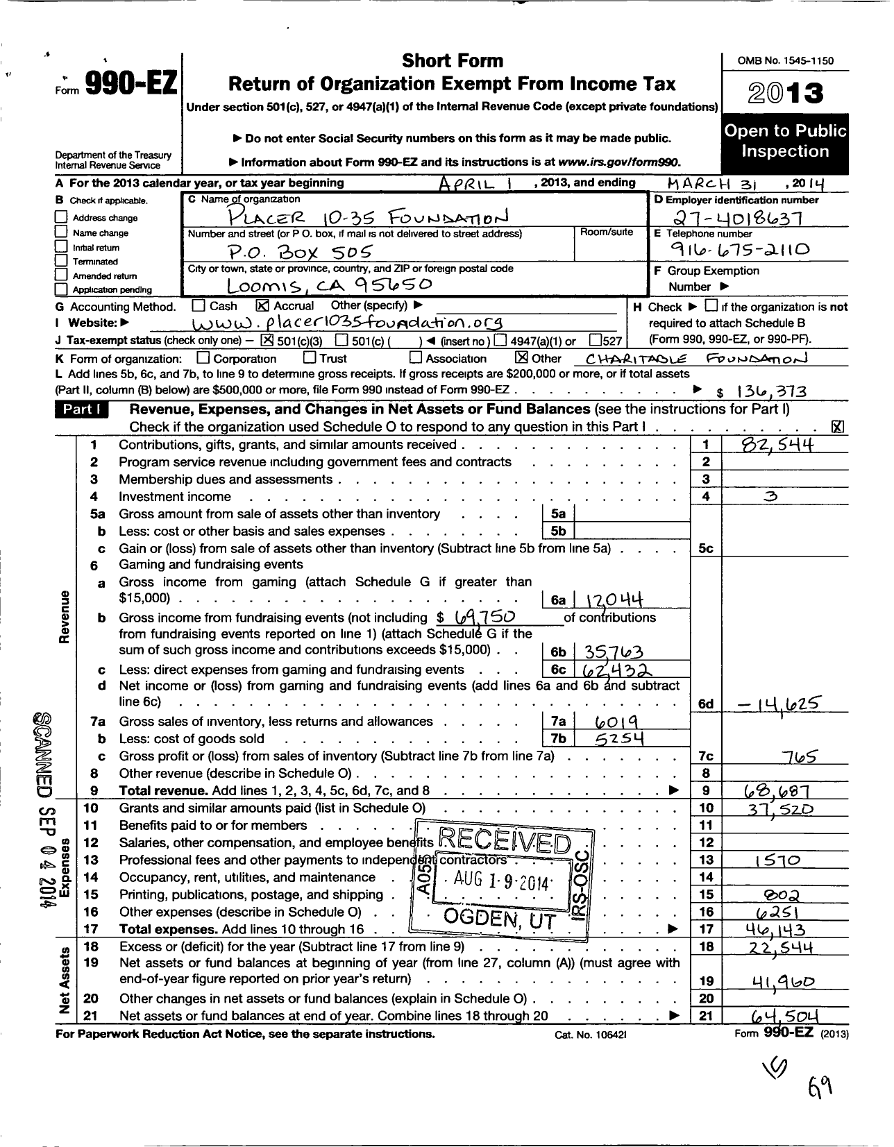 Image of first page of 2013 Form 990EZ for Placer 10-35 Foundation