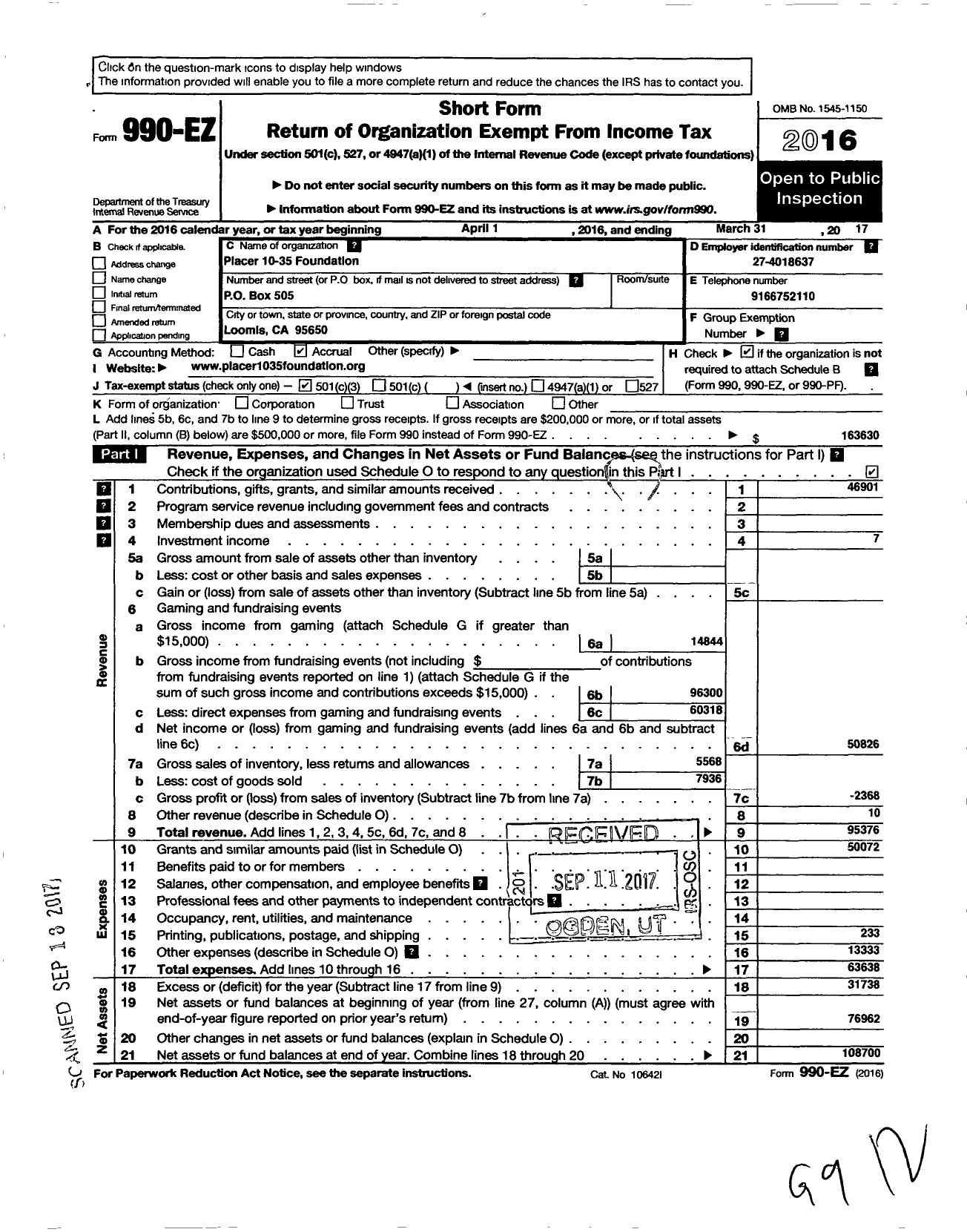 Image of first page of 2016 Form 990EZ for Placer 10-35 Foundation