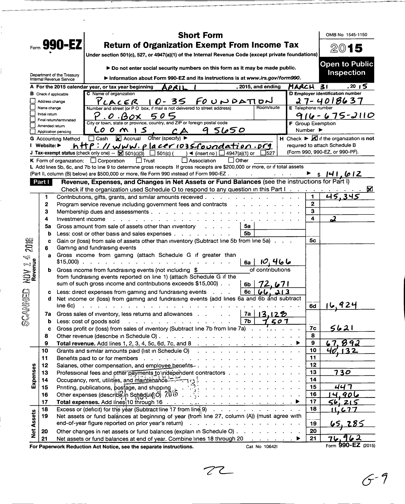 Image of first page of 2014 Form 990EZ for Placer 10-35 Foundation