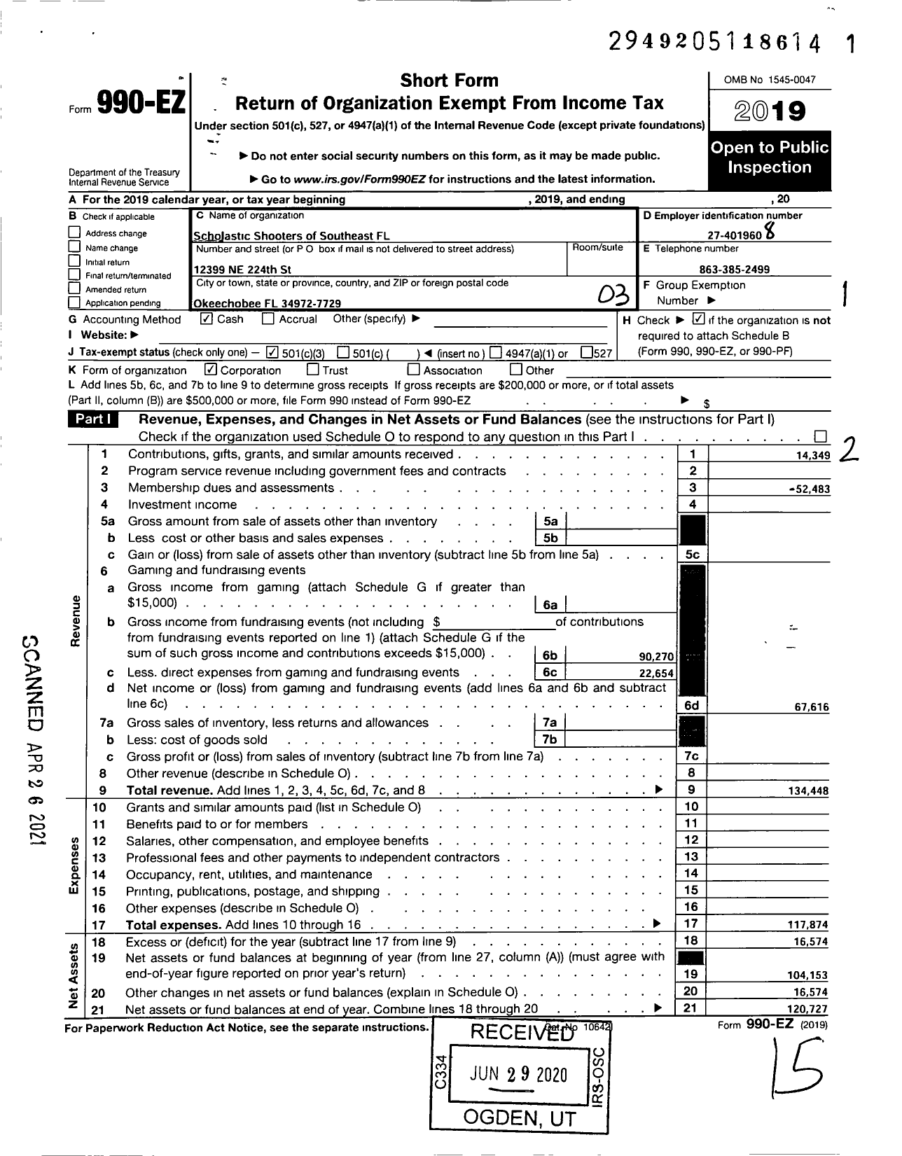 Image of first page of 2019 Form 990EZ for Scholastic Shooters of Southeast Florida