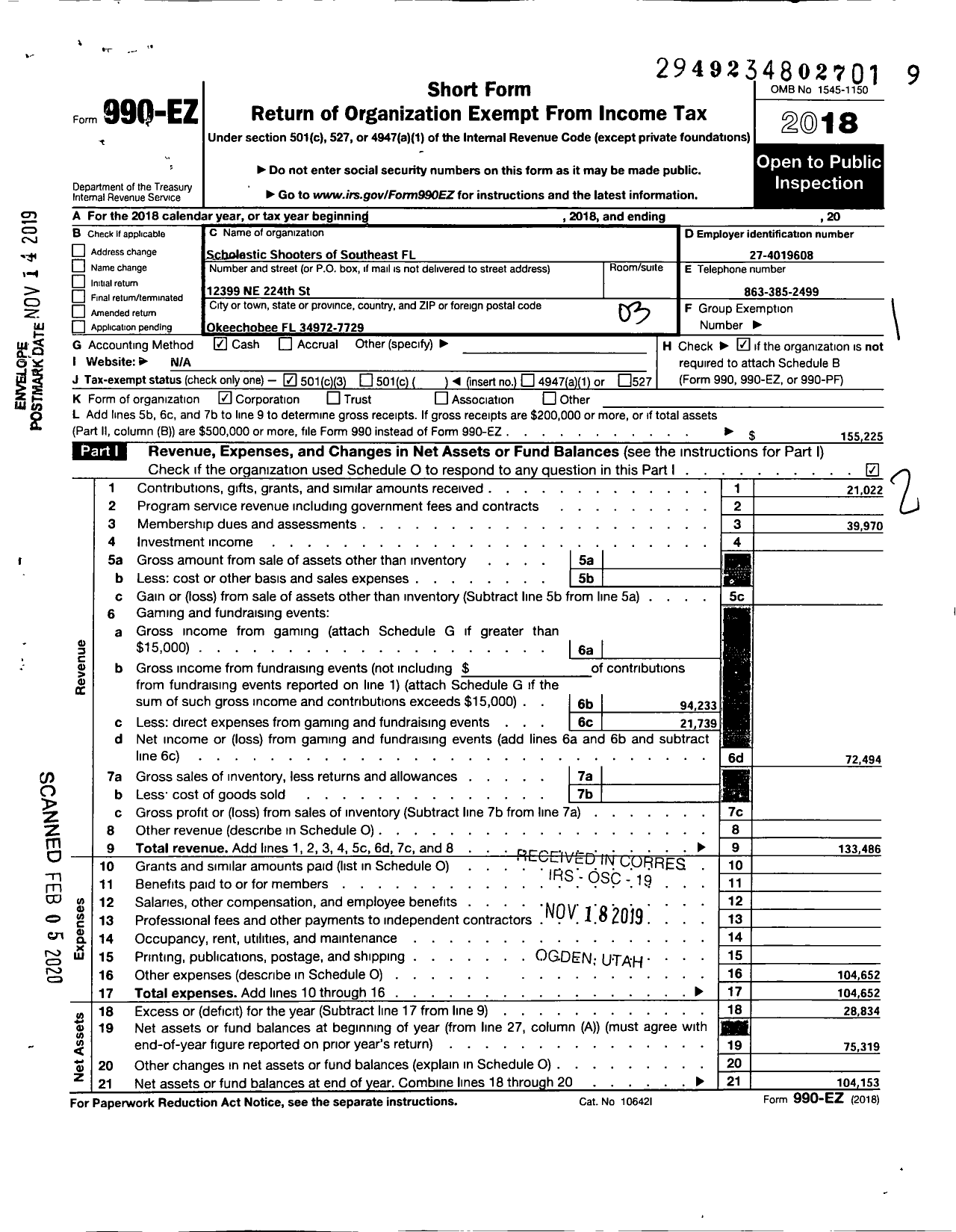 Image of first page of 2018 Form 990EZ for Scholastic Shooters of Southeast Florida