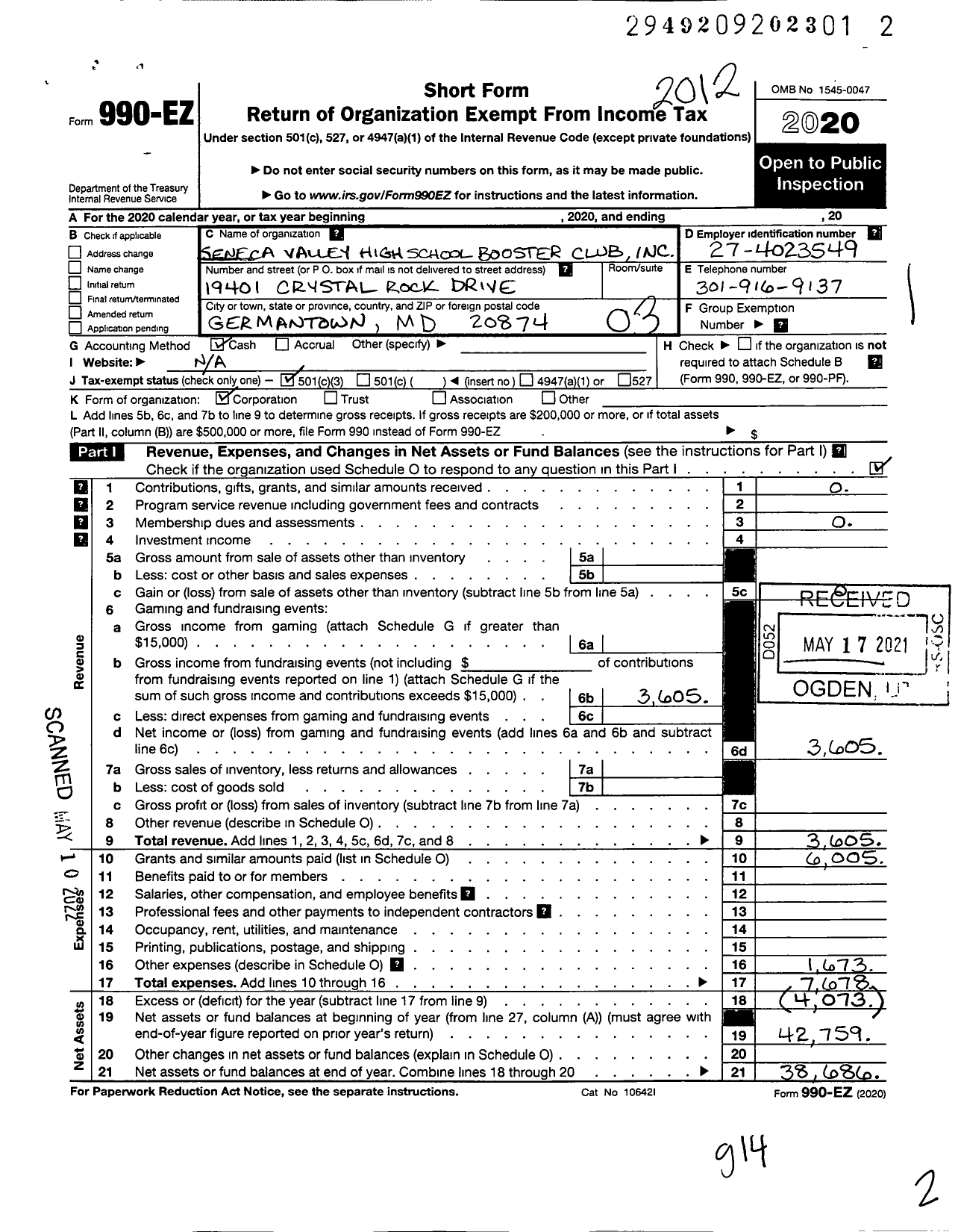 Image of first page of 2020 Form 990EZ for Seneca Valley High School Booster Club