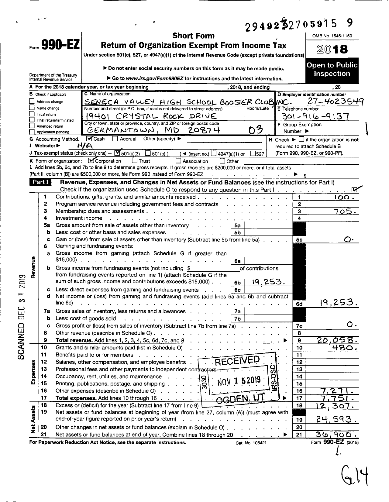 Image of first page of 2018 Form 990EZ for Seneca Valley High School Booster Club