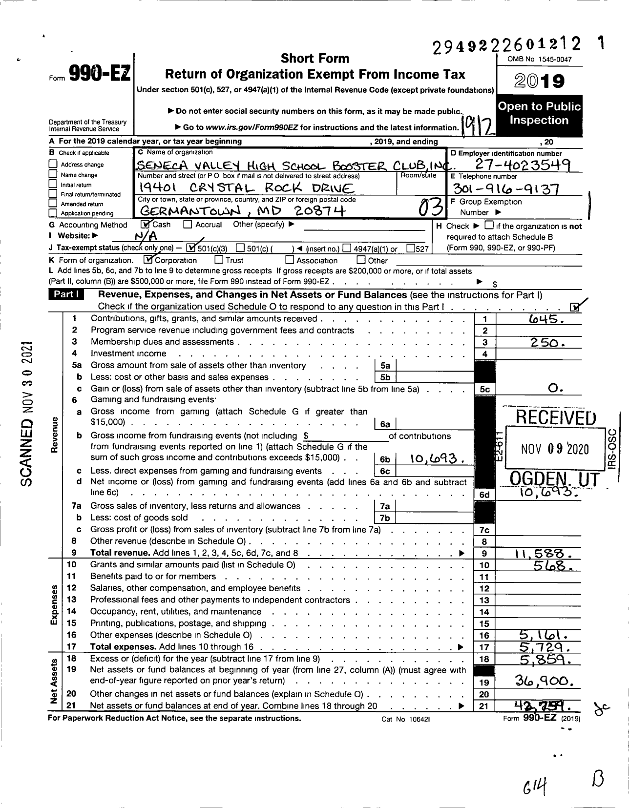 Image of first page of 2019 Form 990EZ for Seneca Valley High School Booster Club