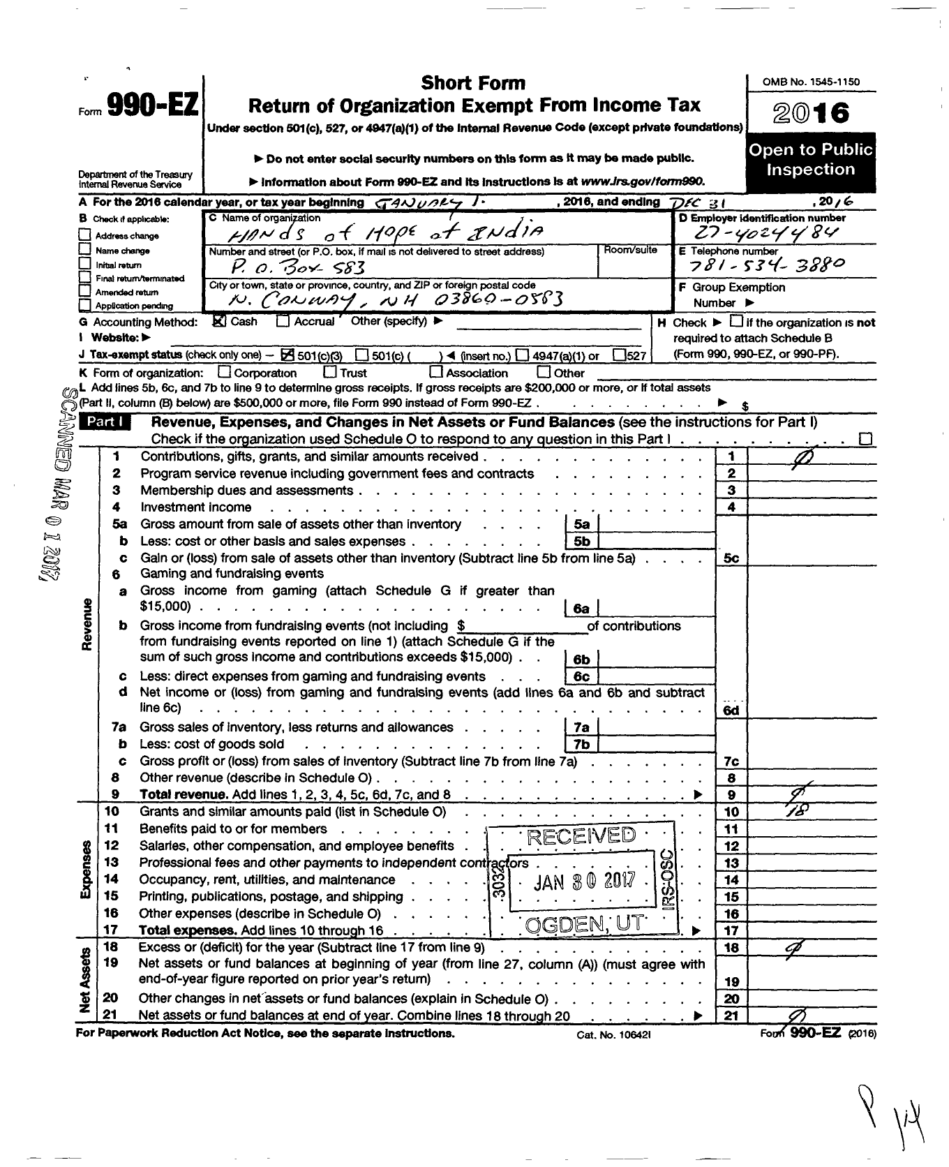 Image of first page of 2016 Form 990EZ for Hands of Hope of India