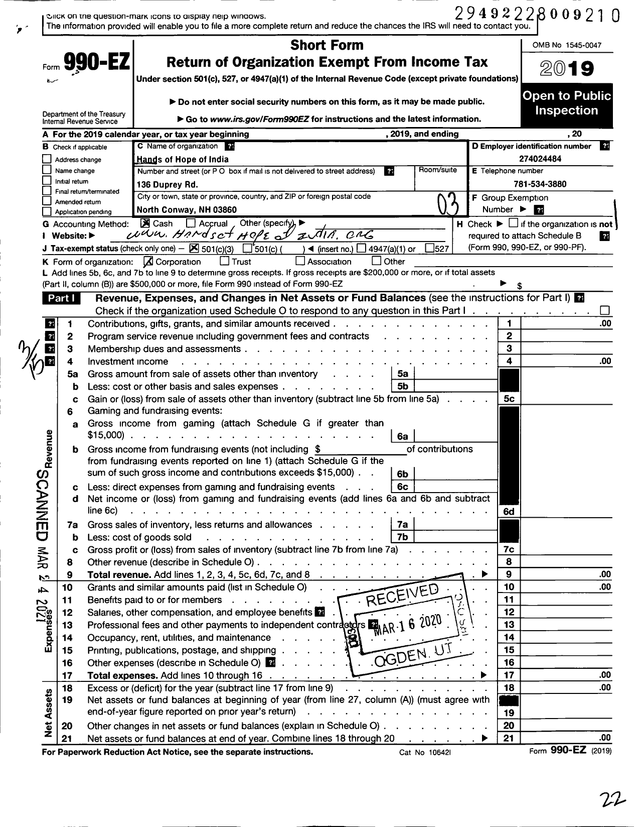 Image of first page of 2019 Form 990EZ for Hands of Hope of India