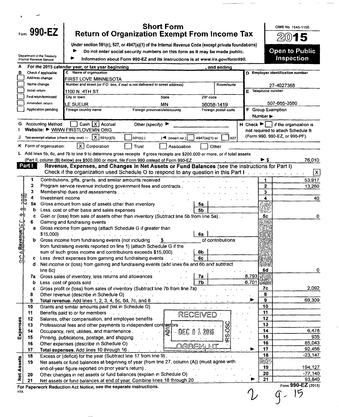 Image of first page of 2015 Form 990EZ for First Love Minnesota
