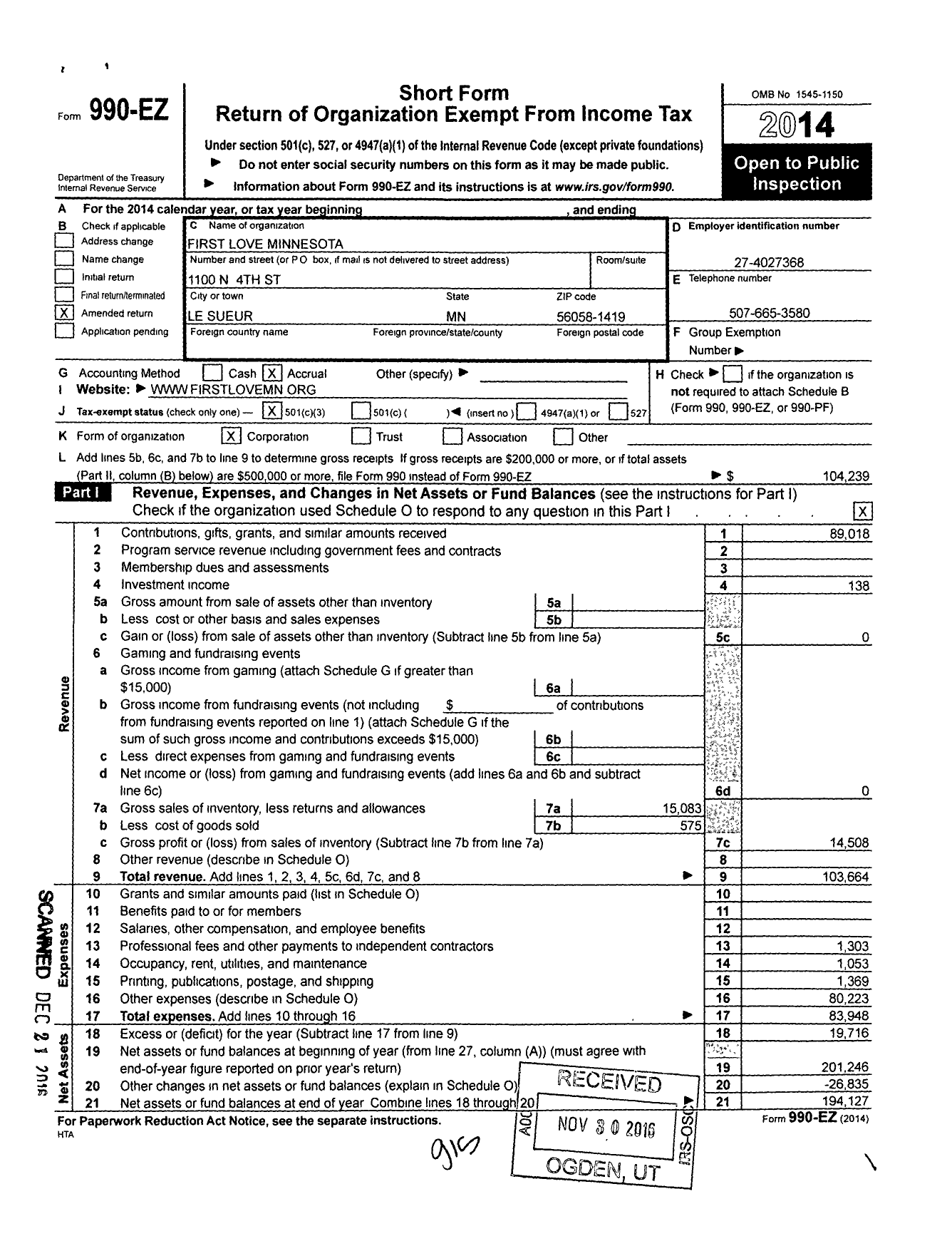 Image of first page of 2014 Form 990EZ for First Love Minnesota