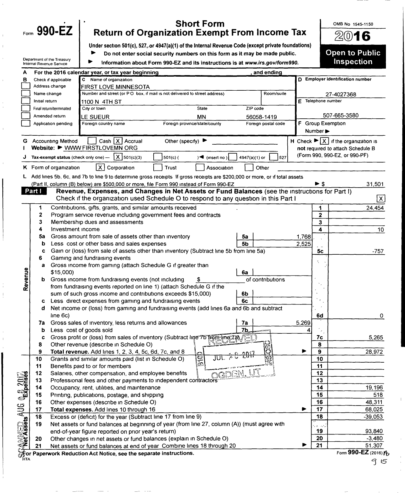 Image of first page of 2016 Form 990EZ for First Love Minnesota