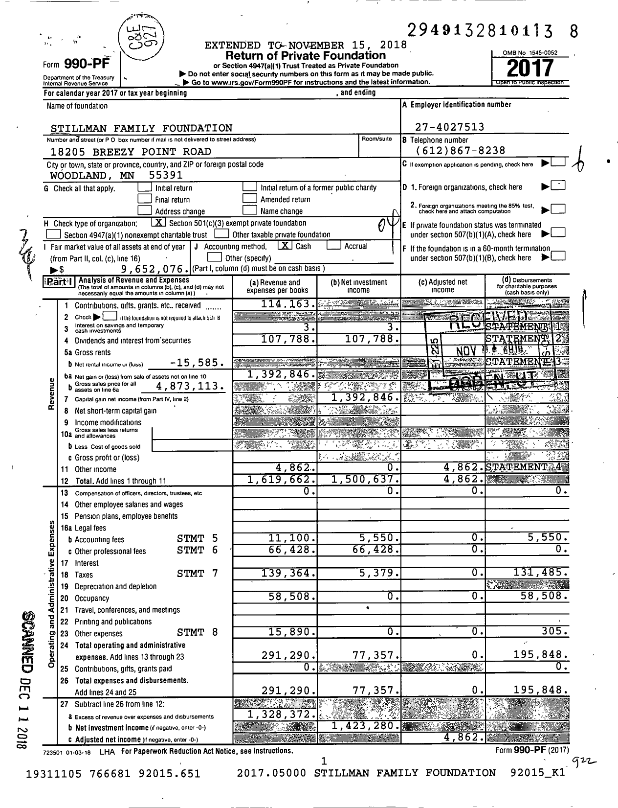 Image of first page of 2017 Form 990PF for Stillman Family Foundation