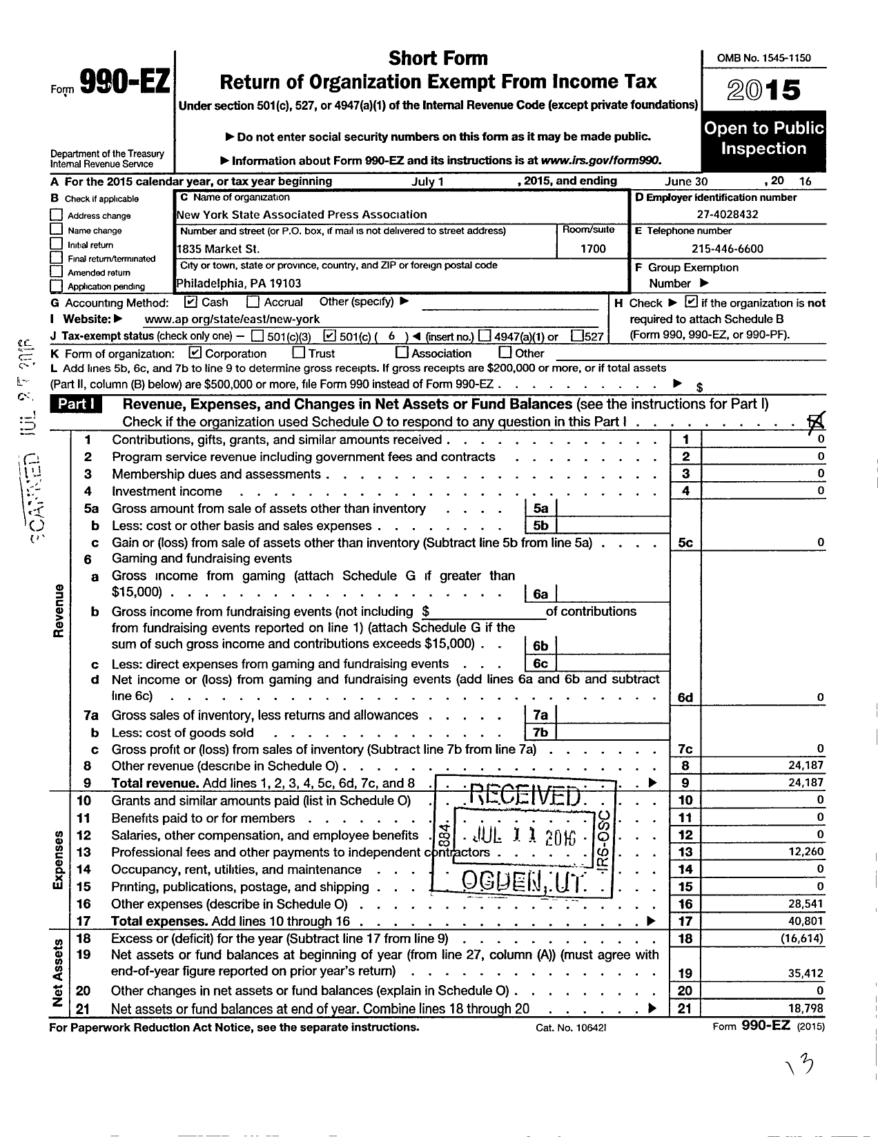 Image of first page of 2015 Form 990EO for New York State Associated Press Association