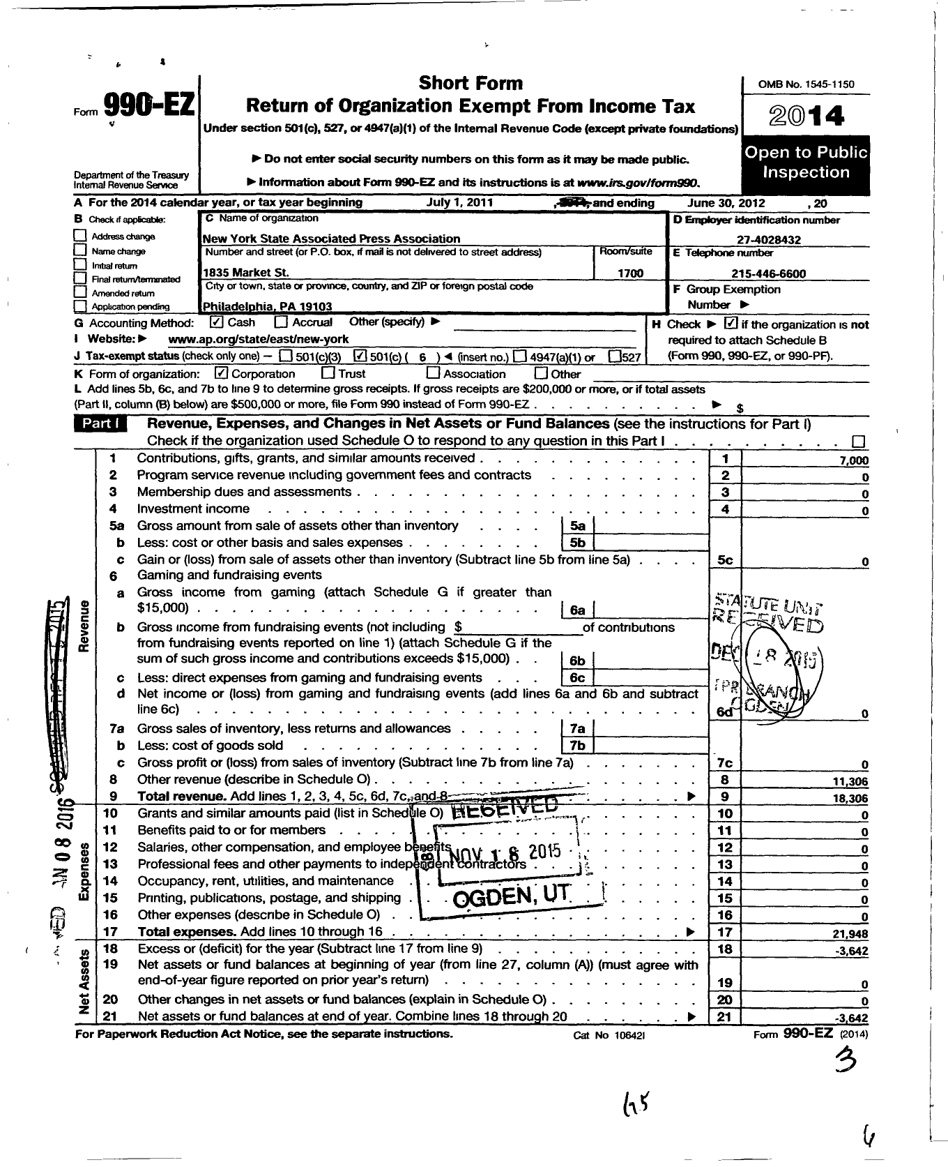 Image of first page of 2011 Form 990EO for New York State Associated Press Association