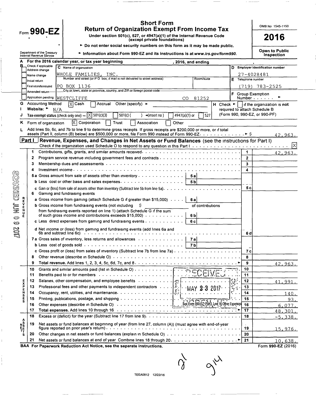 Image of first page of 2016 Form 990EZ for Whole Families