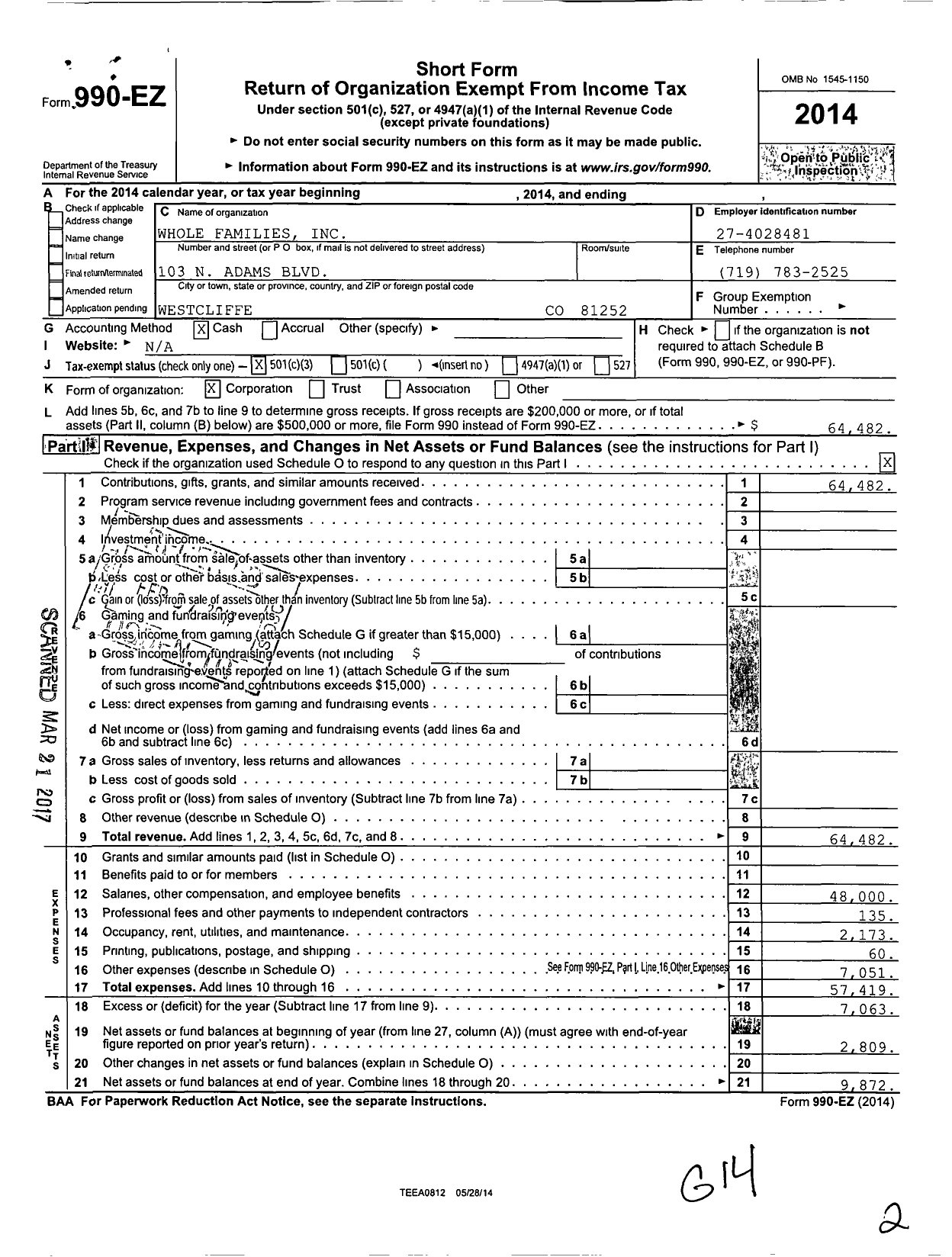 Image of first page of 2014 Form 990EZ for Whole Families