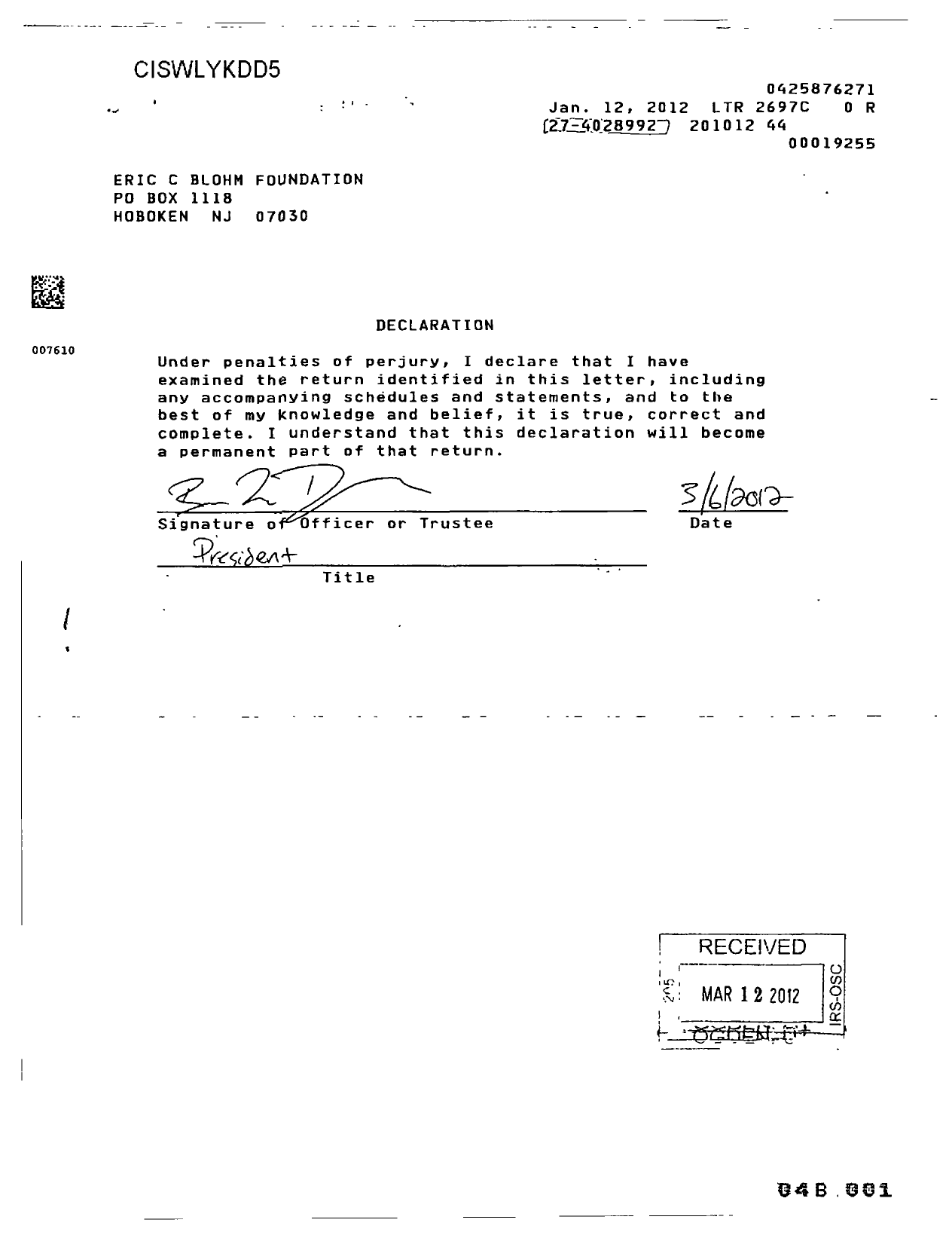 Image of first page of 2010 Form 990PR for Eric C Blohm Foundation