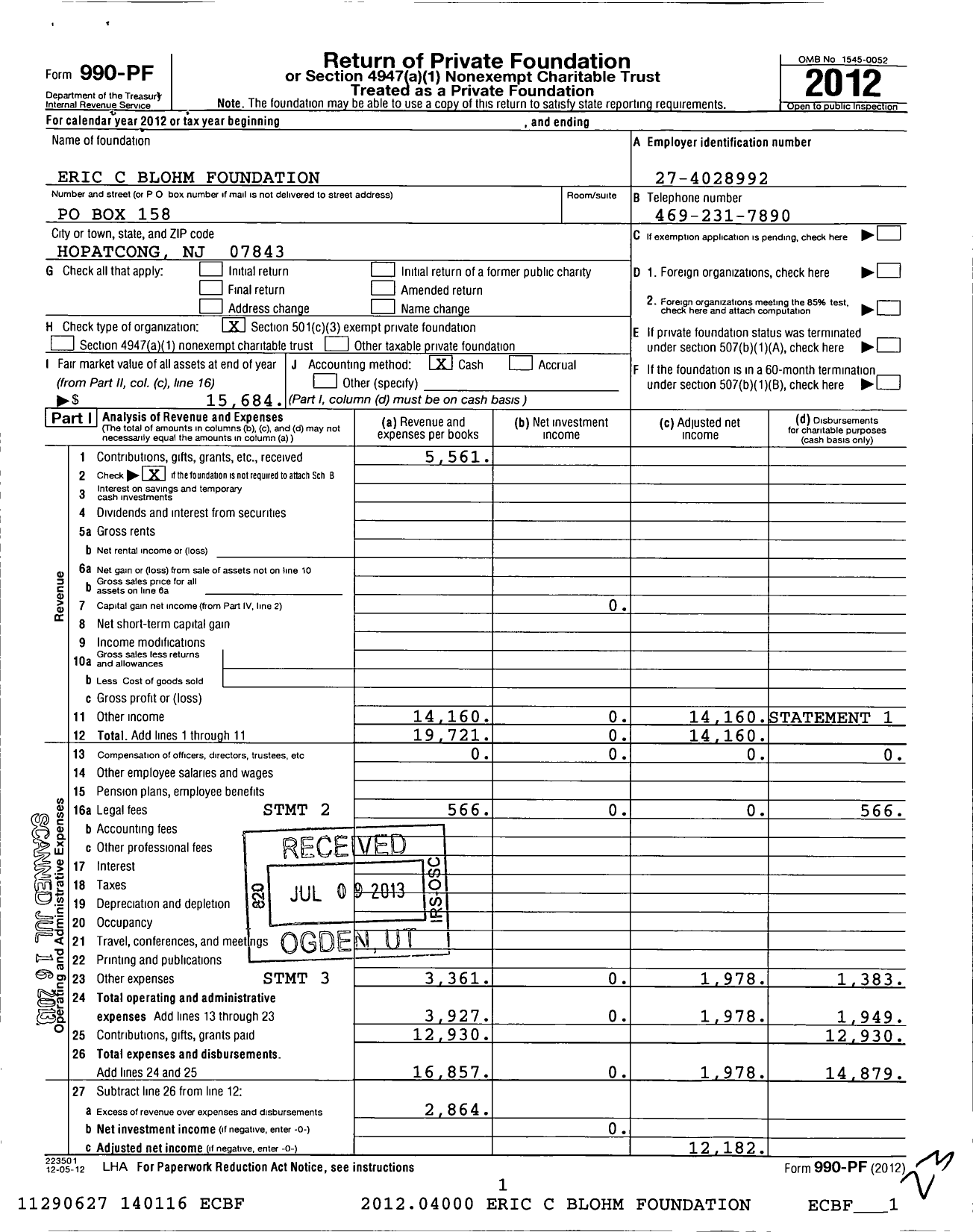 Image of first page of 2012 Form 990PF for Eric C Blohm Foundation