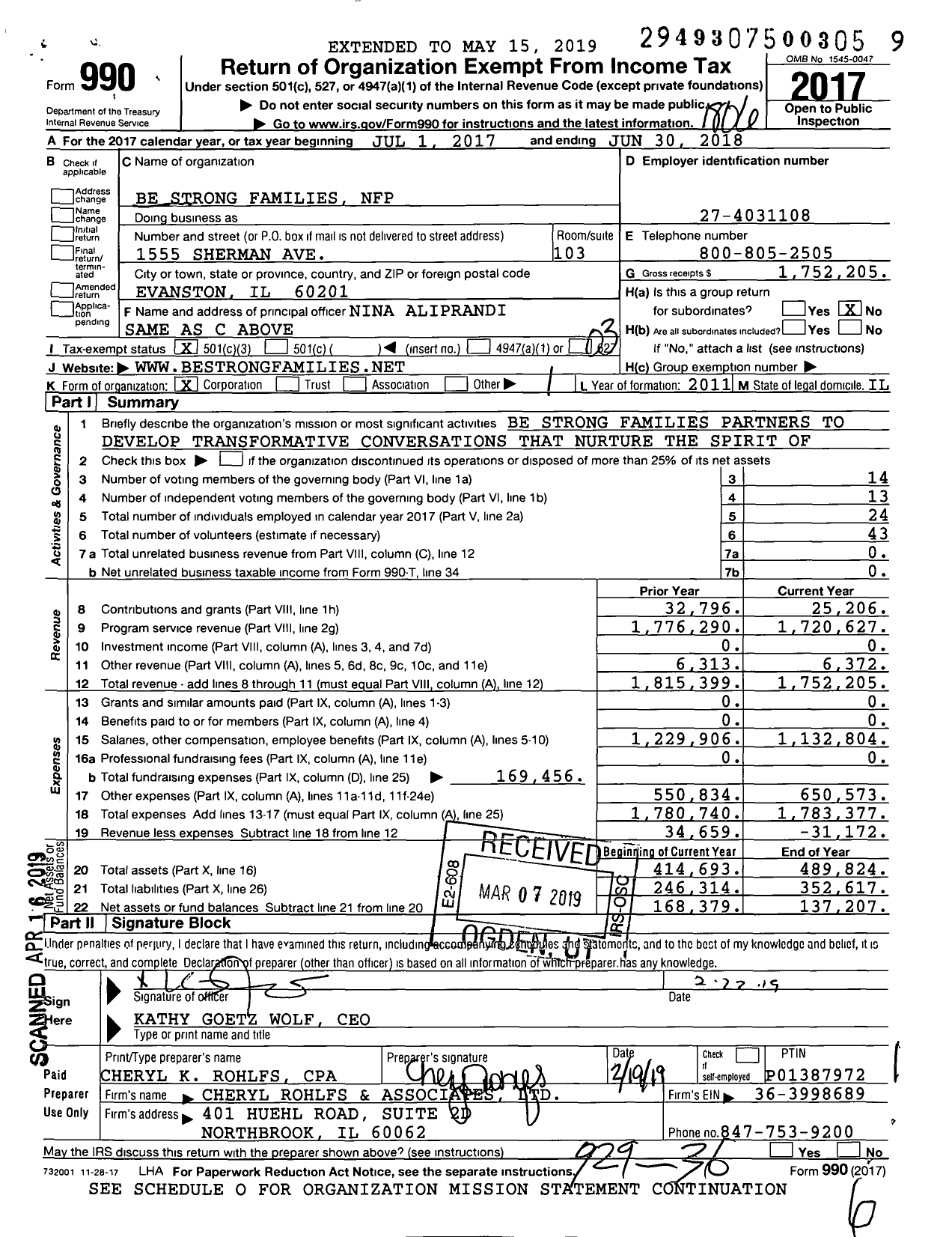 Image of first page of 2017 Form 990 for Be Strong Families NFP
