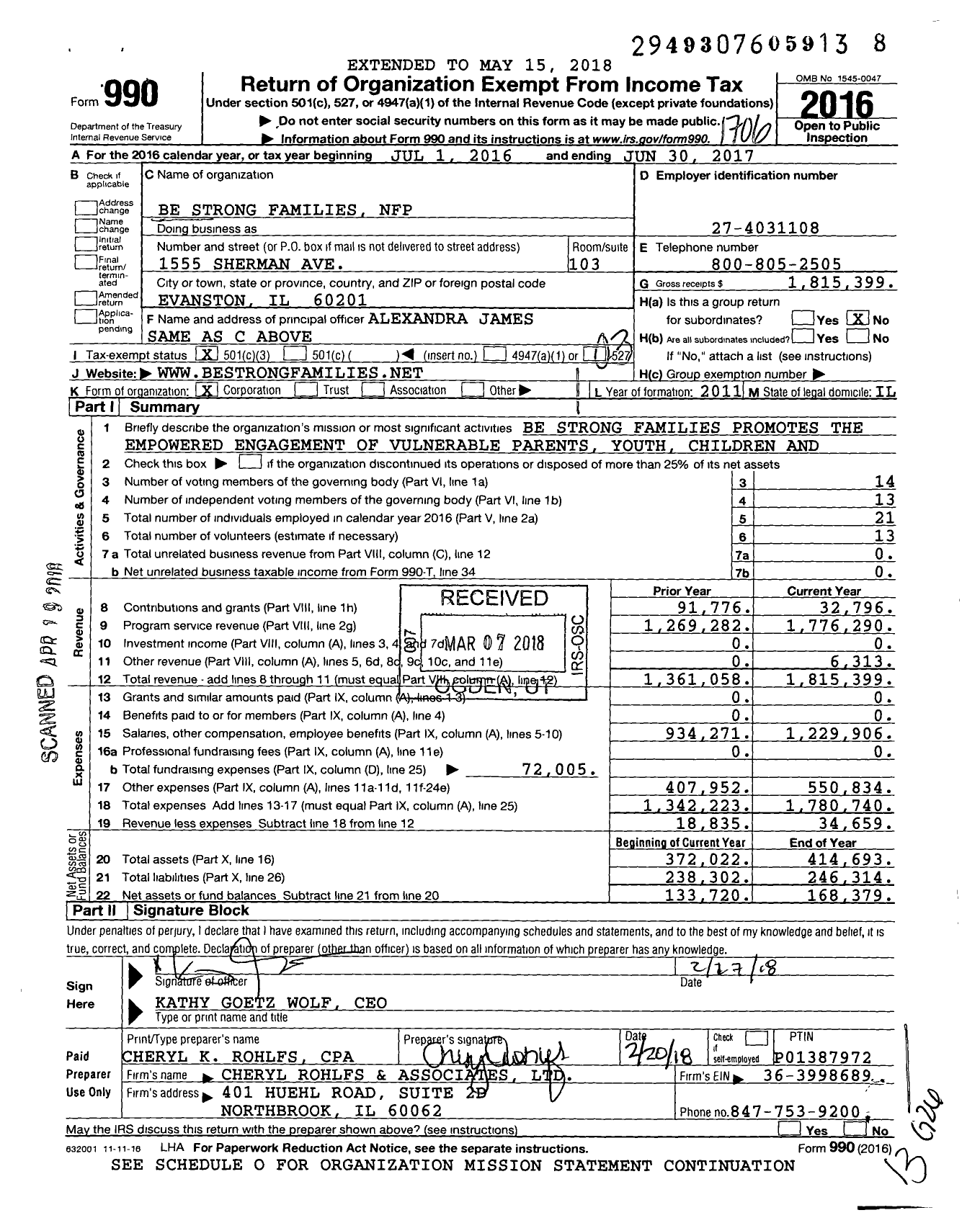Image of first page of 2016 Form 990 for Be Strong Families NFP