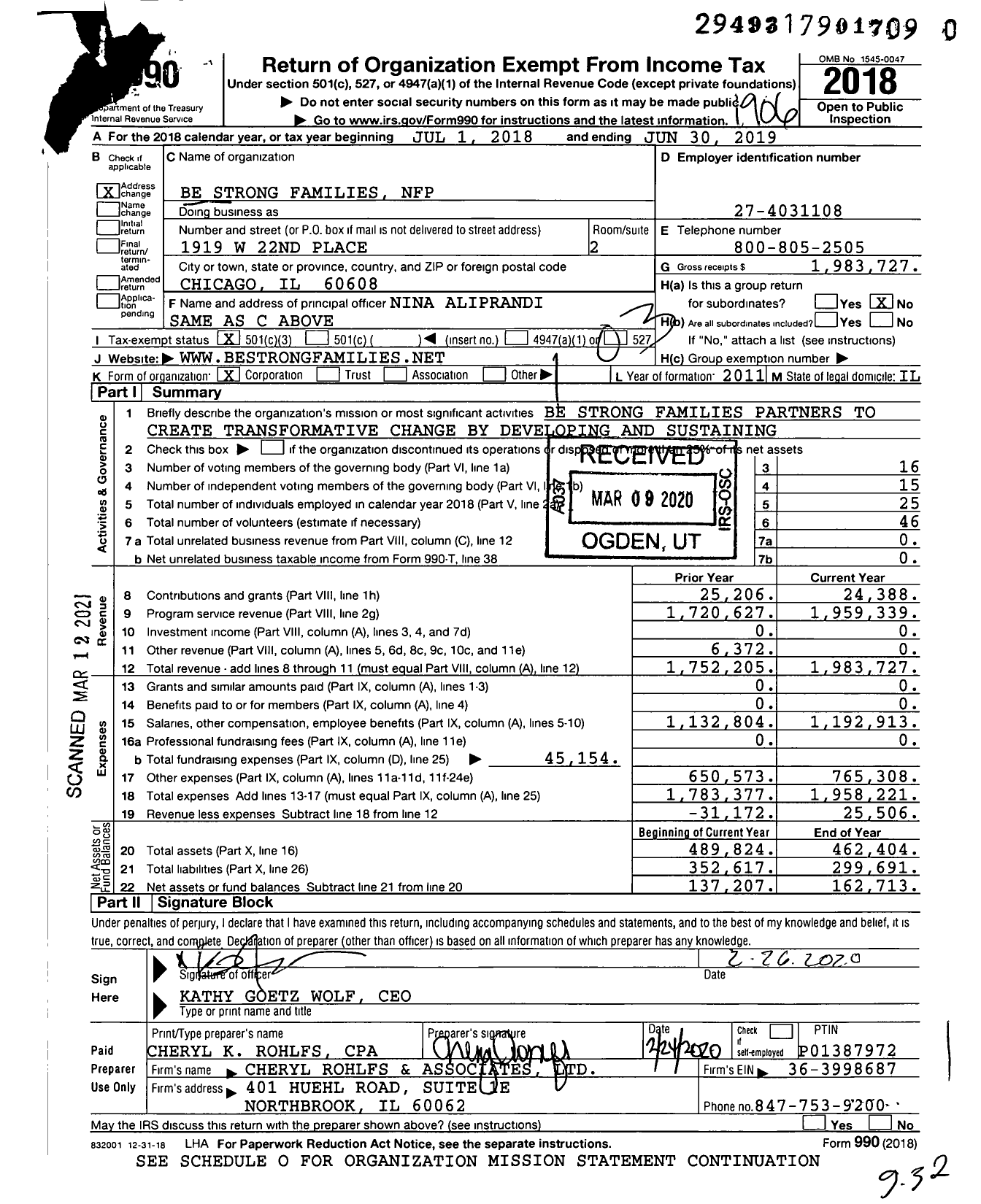 Image of first page of 2018 Form 990 for Be Strong Families NFP