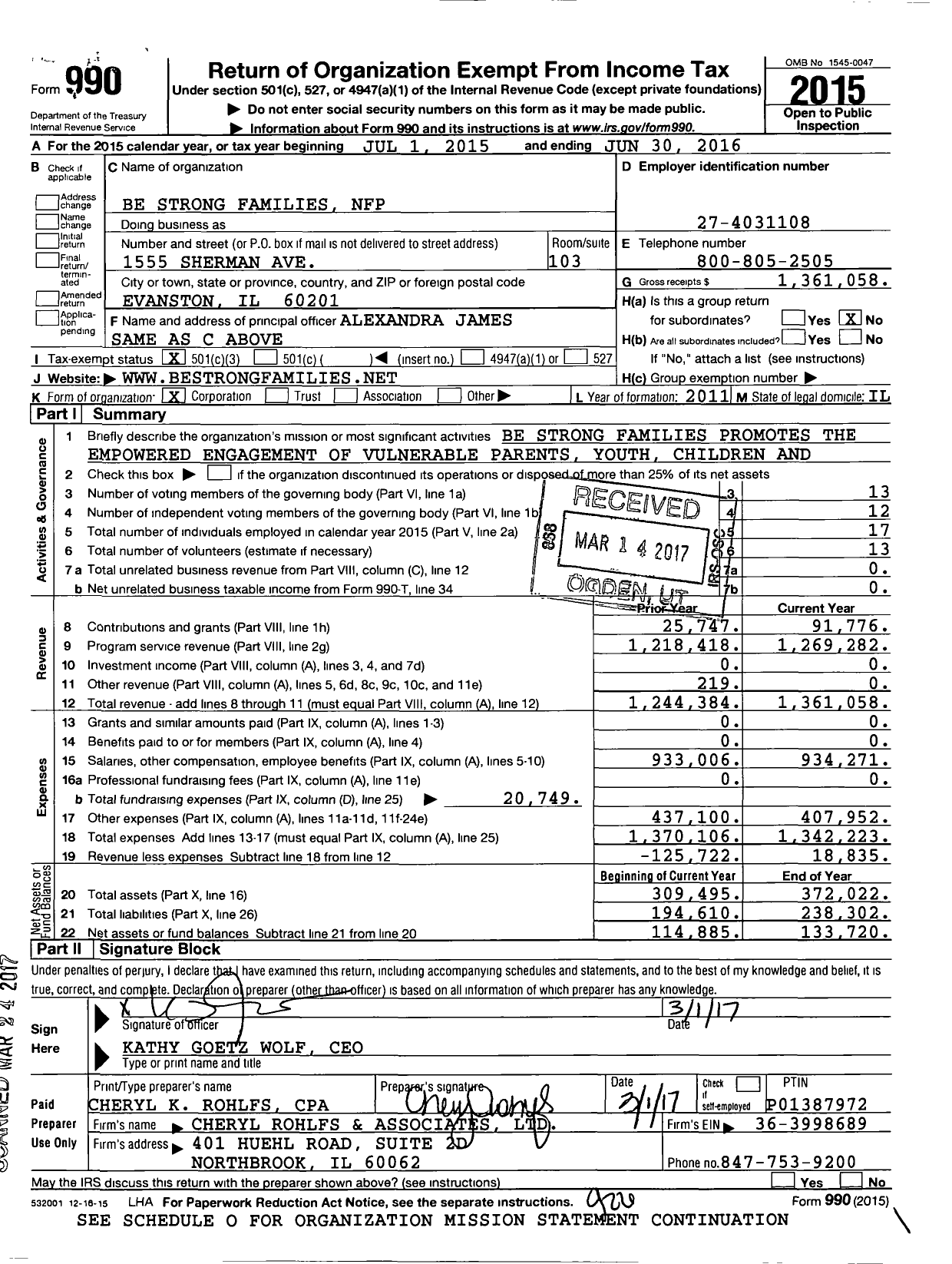 Image of first page of 2015 Form 990 for Be Strong Families NFP