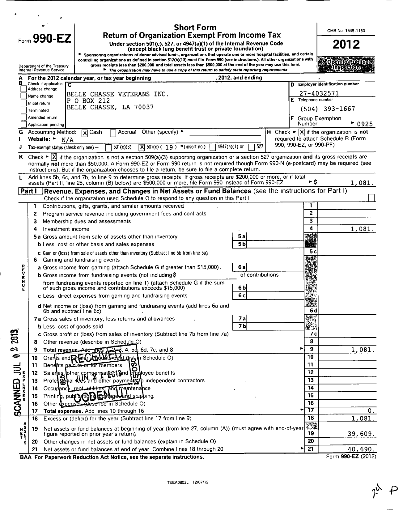 Image of first page of 2012 Form 990EO for Belle Chasse Veterans