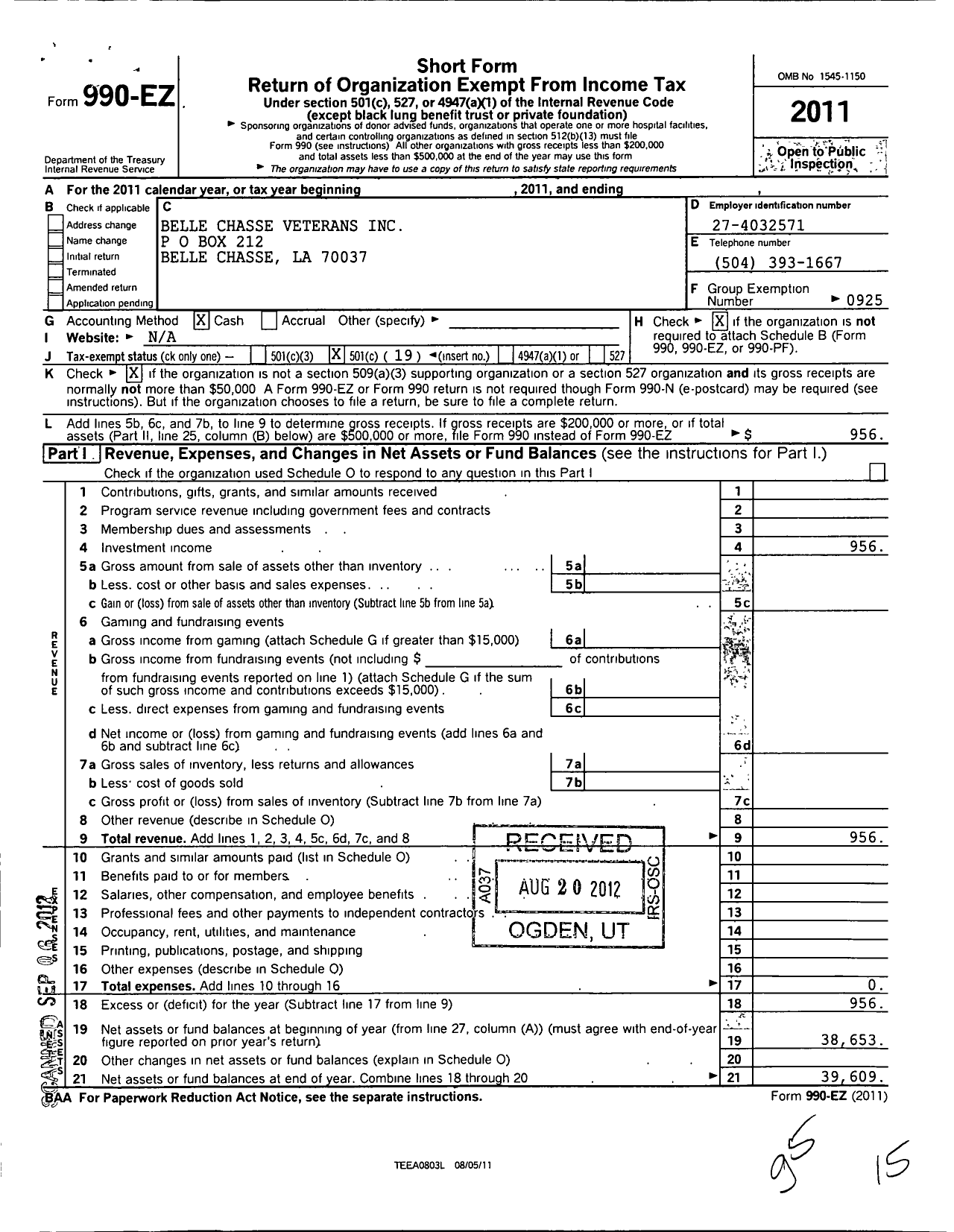 Image of first page of 2011 Form 990EO for Belle Chasse Veterans