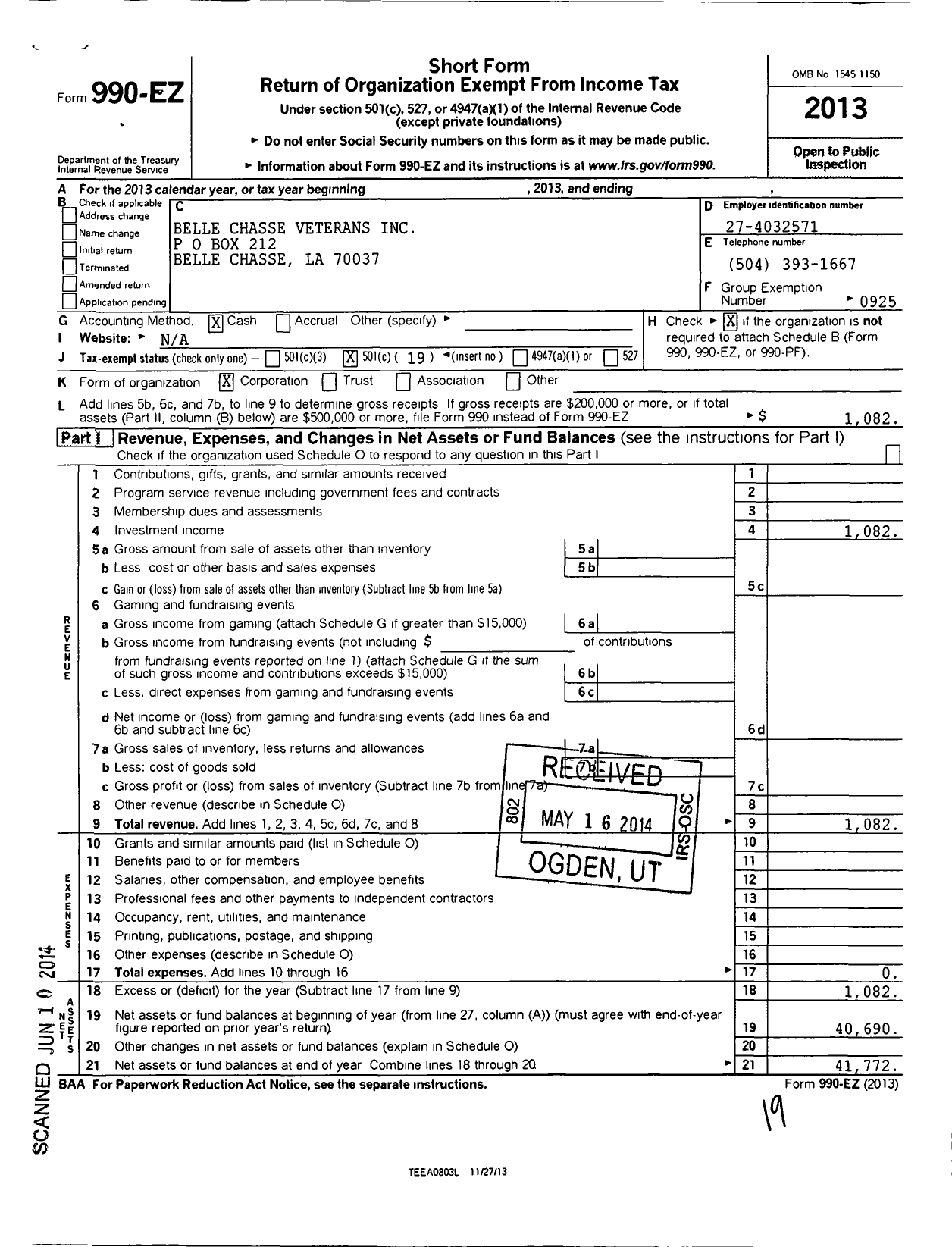 Image of first page of 2013 Form 990EO for Belle Chasse Veterans