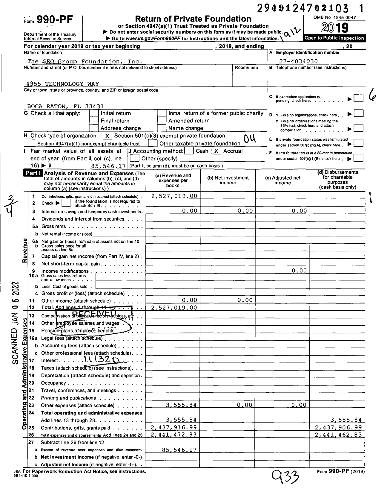 Image of first page of 2019 Form 990PF for The GEO Group Foundation