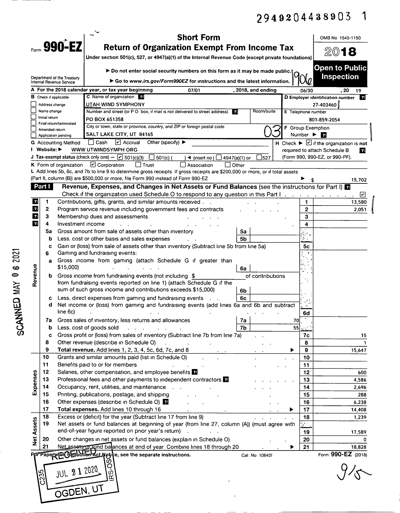 Image of first page of 2018 Form 990EZ for Utah Wind Symphony