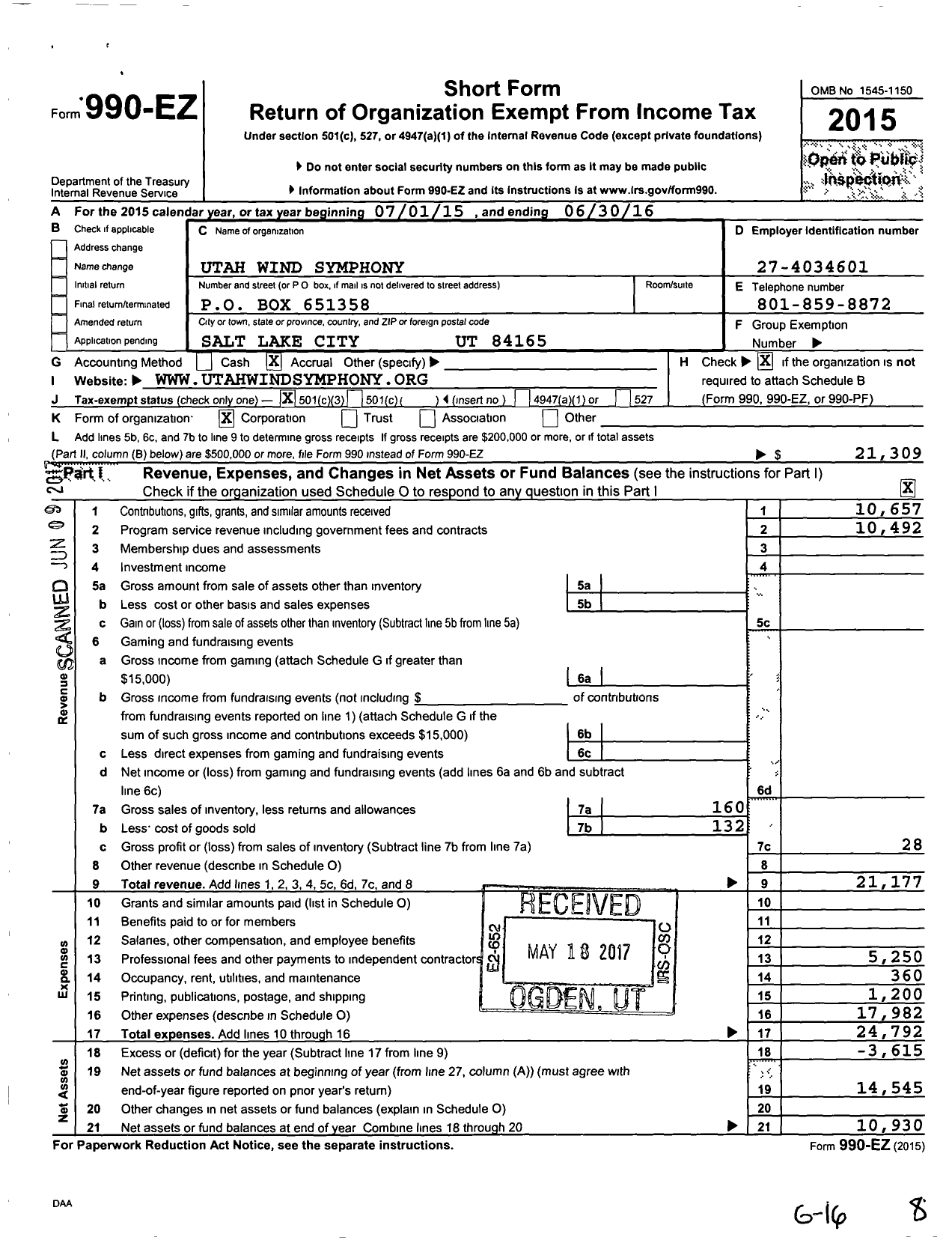 Image of first page of 2015 Form 990EZ for Utah Wind Symphony