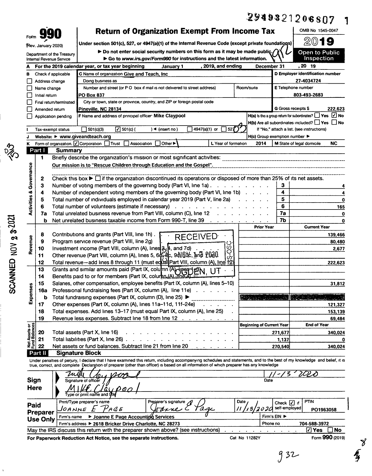 Image of first page of 2019 Form 990 for Give and Teach