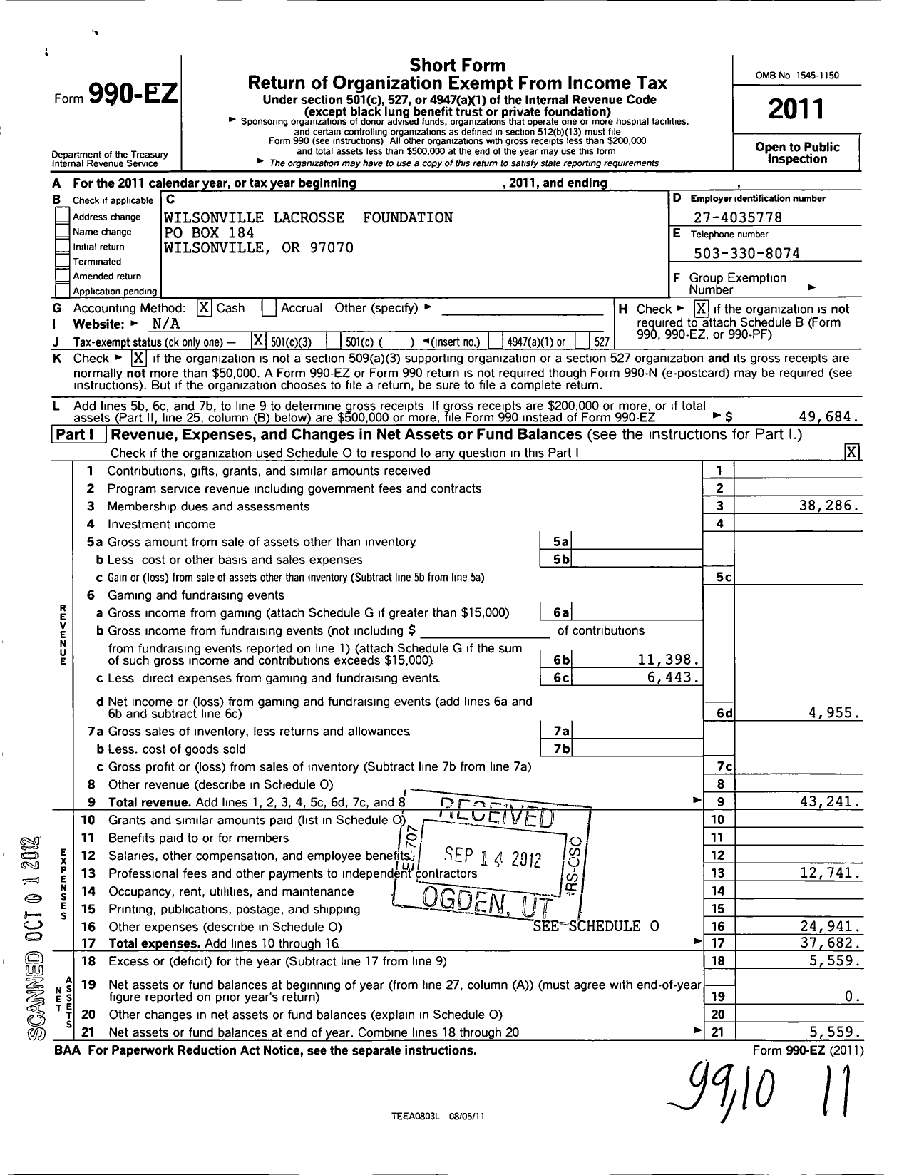 Image of first page of 2011 Form 990EZ for Wilsonville Lacrosse Foundation