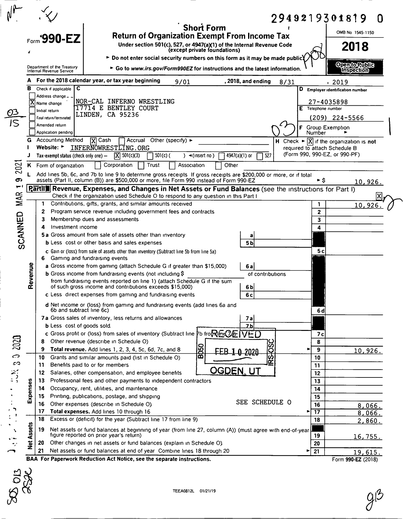 Image of first page of 2018 Form 990EZ for Nor-Cal Inferno Wrestling