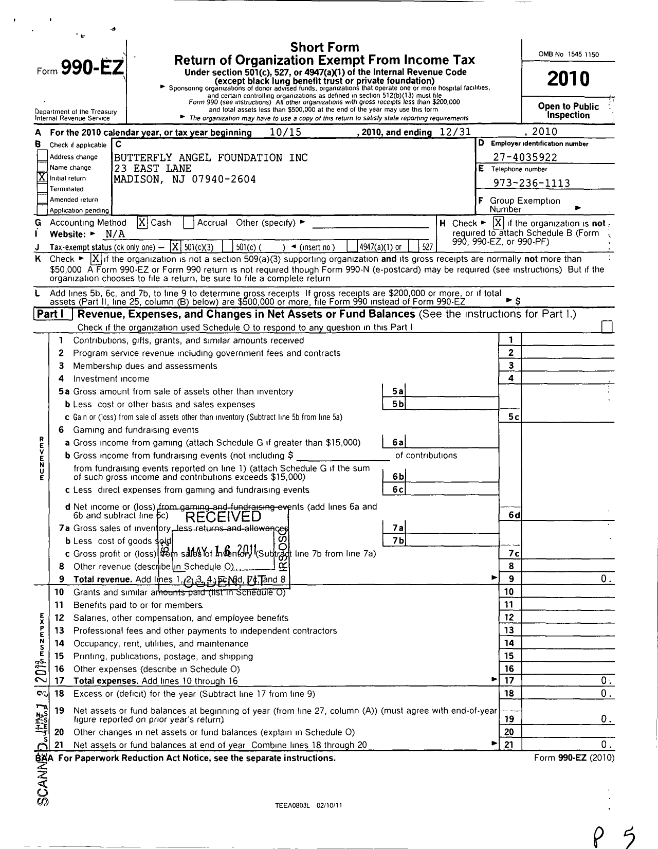 Image of first page of 2010 Form 990EZ for Butterfly Angel Foundation