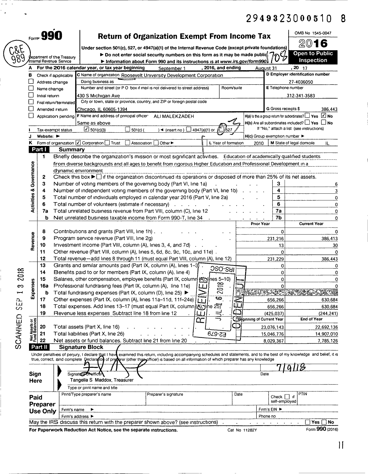 Image of first page of 2016 Form 990 for Roosevelt University Development Corporation