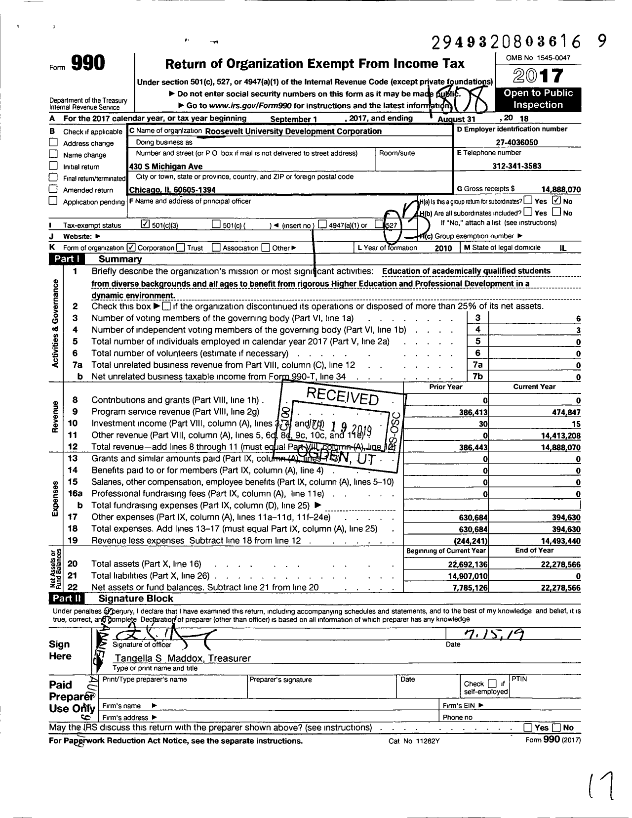 Image of first page of 2017 Form 990 for Roosevelt University Development Corporation