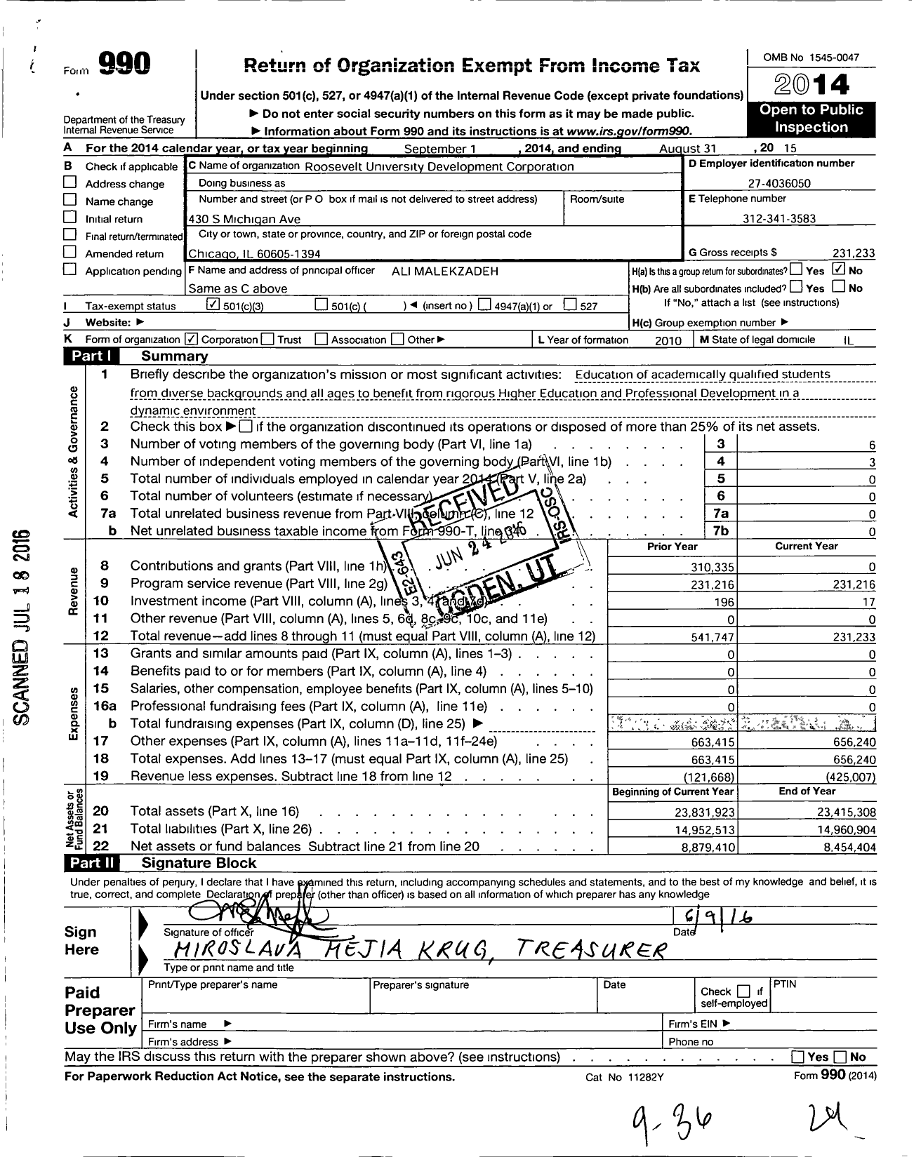 Image of first page of 2014 Form 990 for Roosevelt University Development Corporation