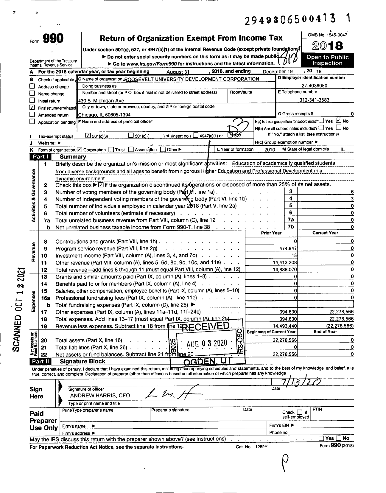 Image of first page of 2018 Form 990 for Roosevelt University Development Corporation