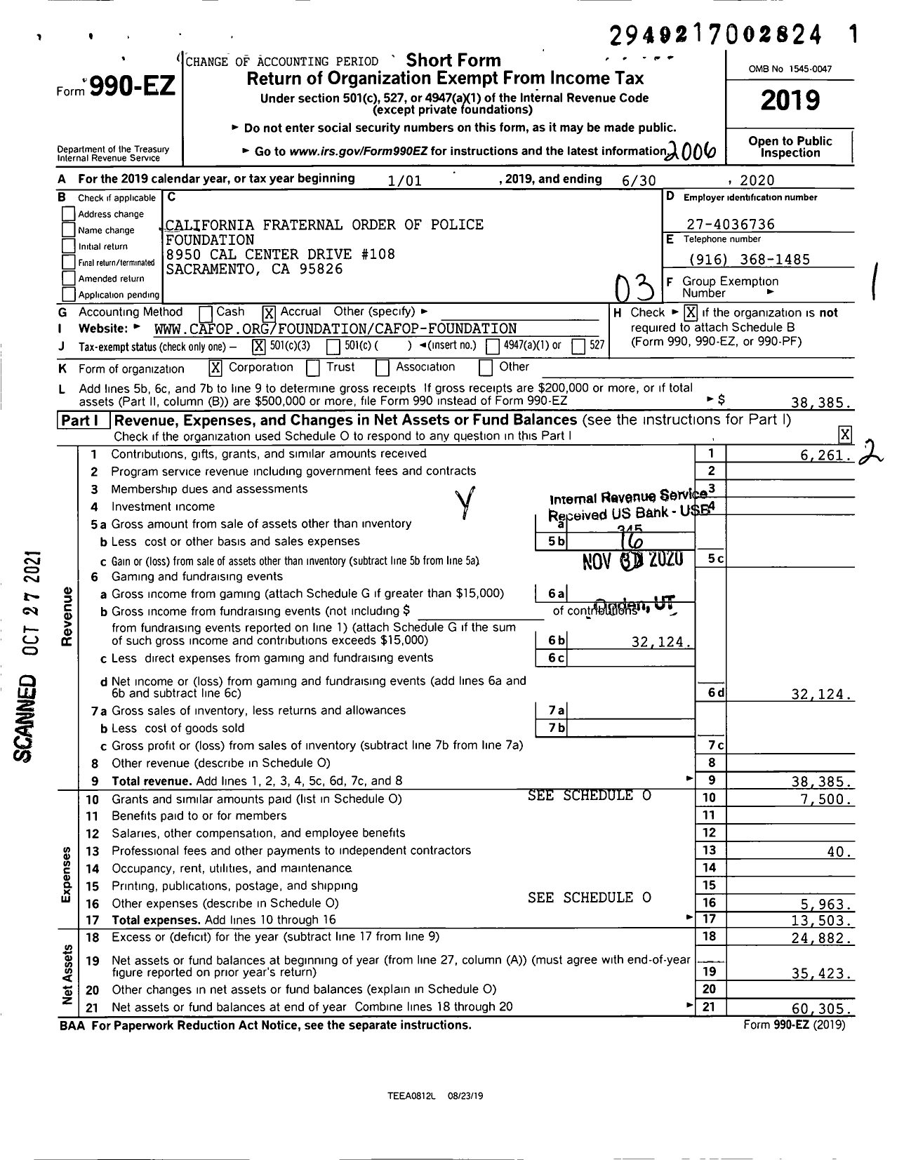 Image of first page of 2019 Form 990EZ for California Fraternal Order of Police Foundation