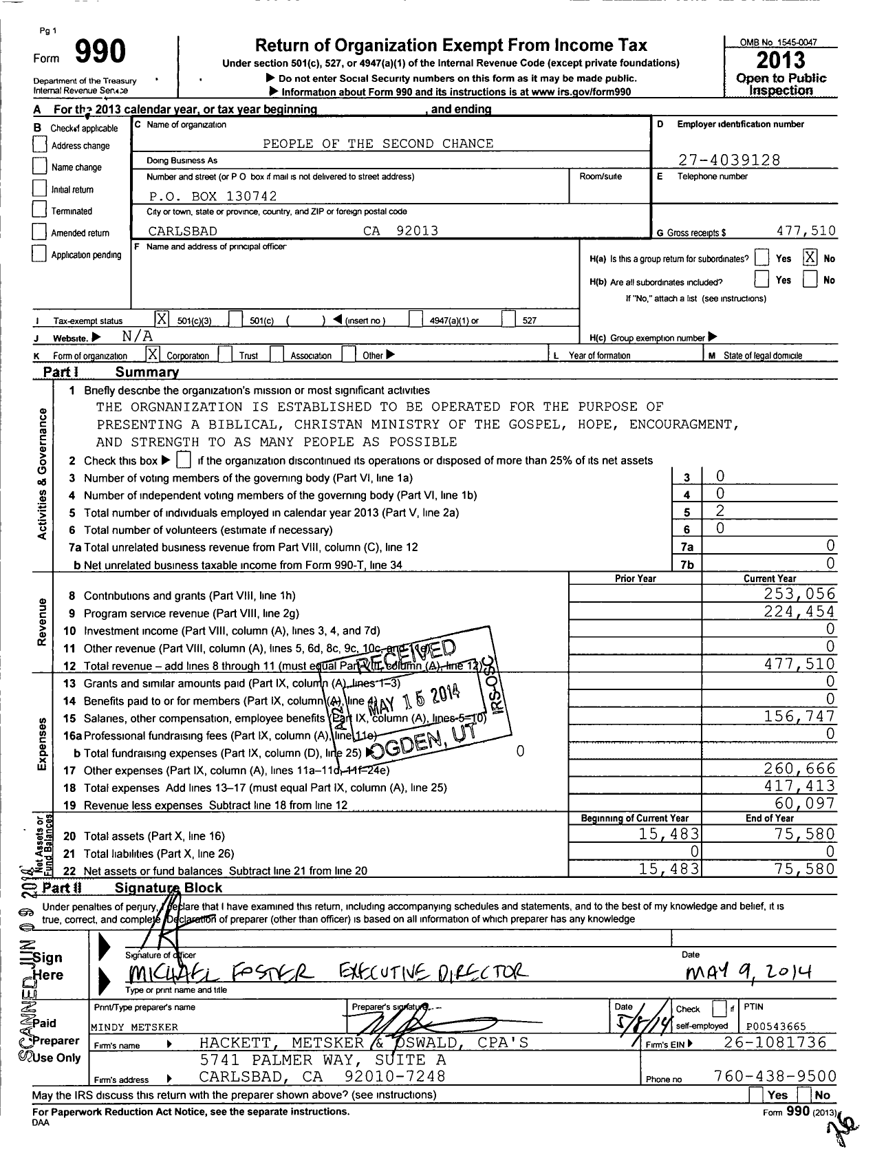 Image of first page of 2013 Form 990 for People of the Second Chance