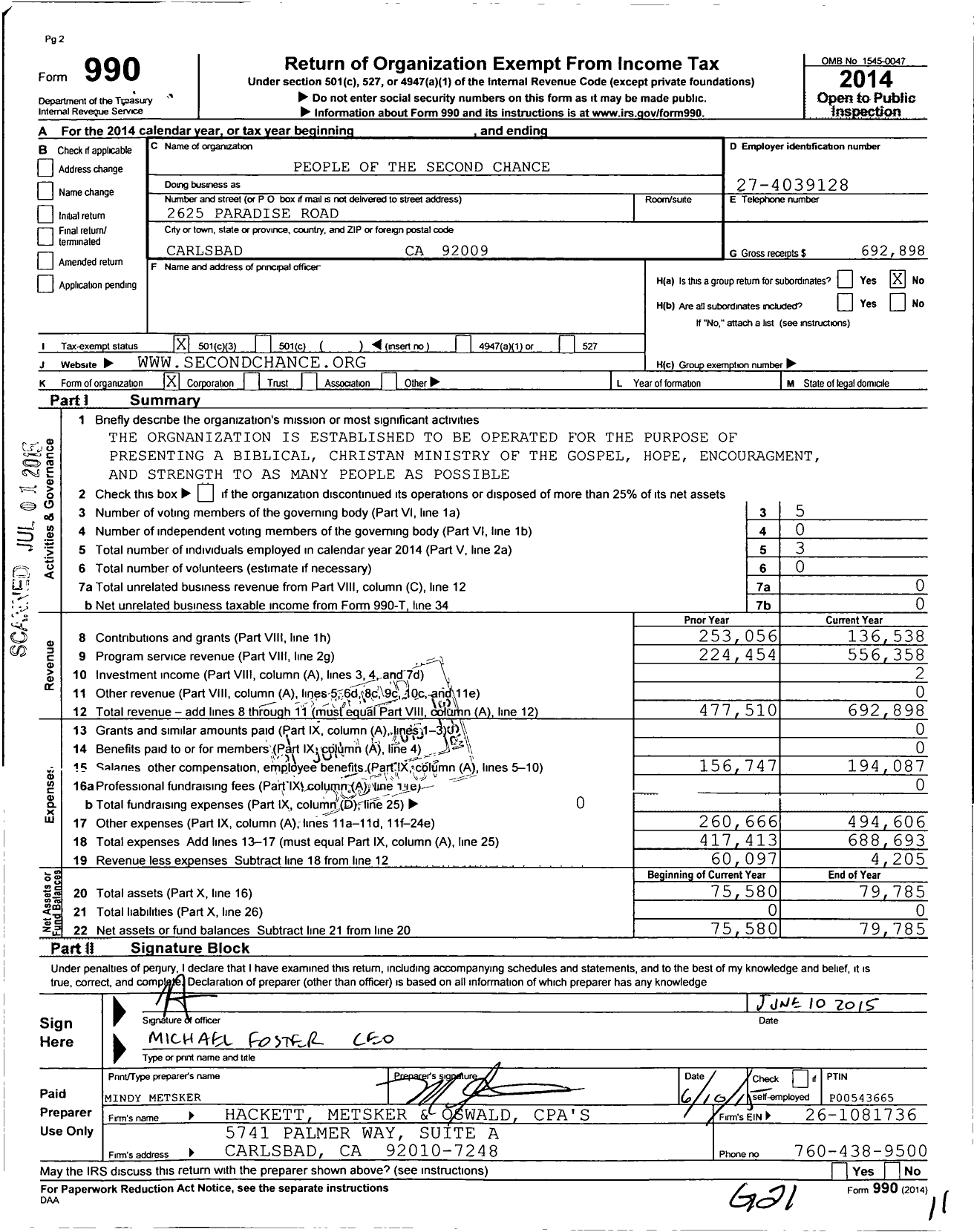 Image of first page of 2014 Form 990 for People of the Second Chance