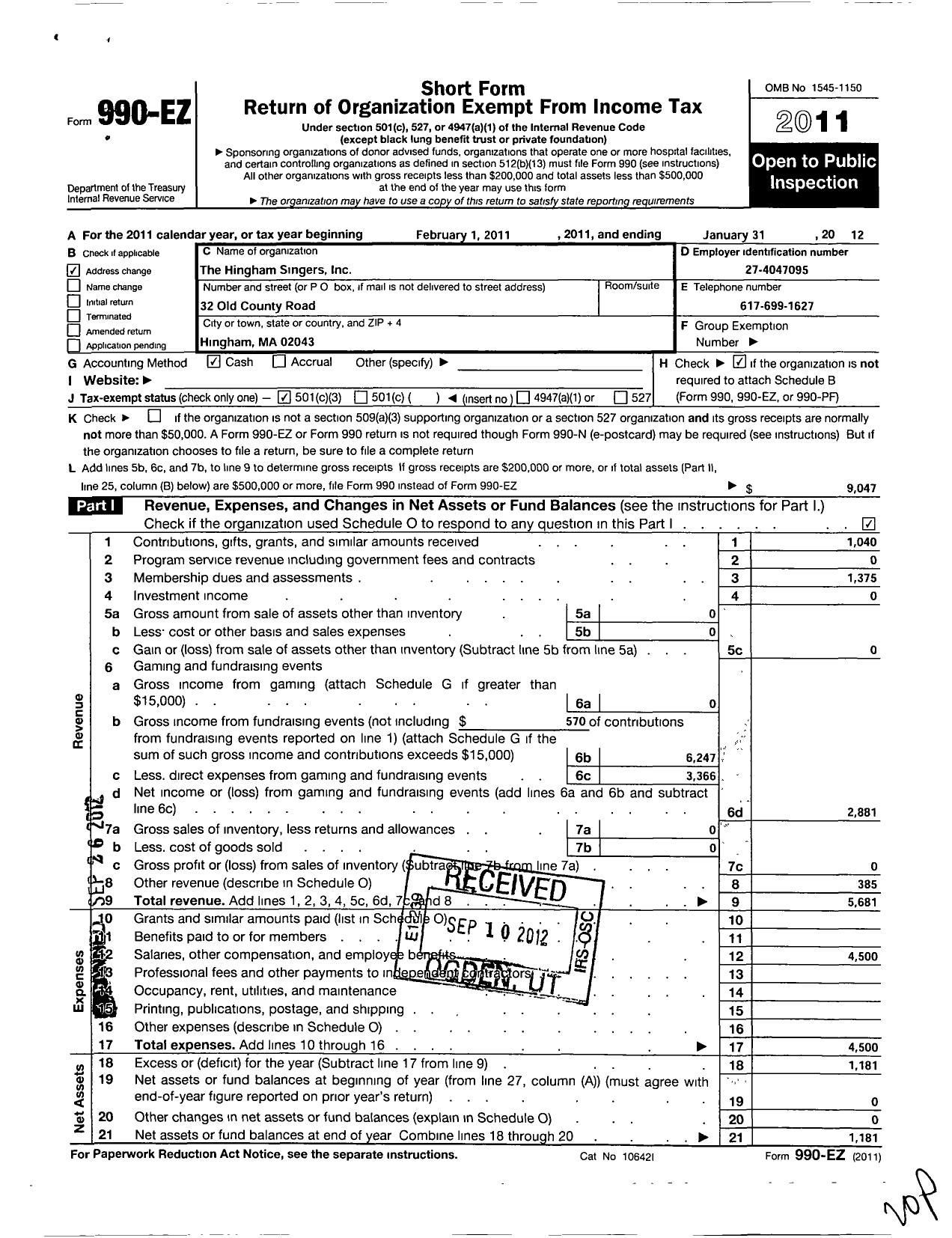 Image of first page of 2011 Form 990EZ for Hingham Singers