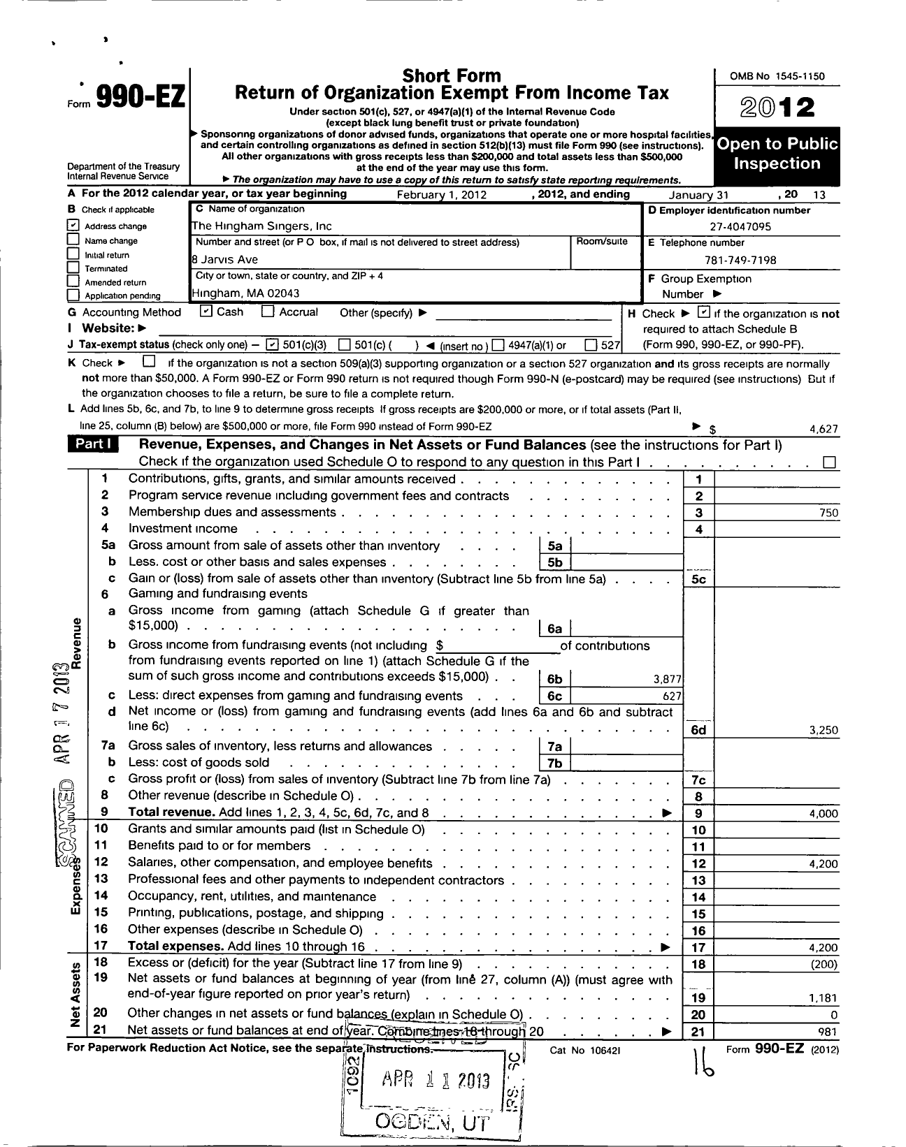 Image of first page of 2012 Form 990EZ for Hingham Singers