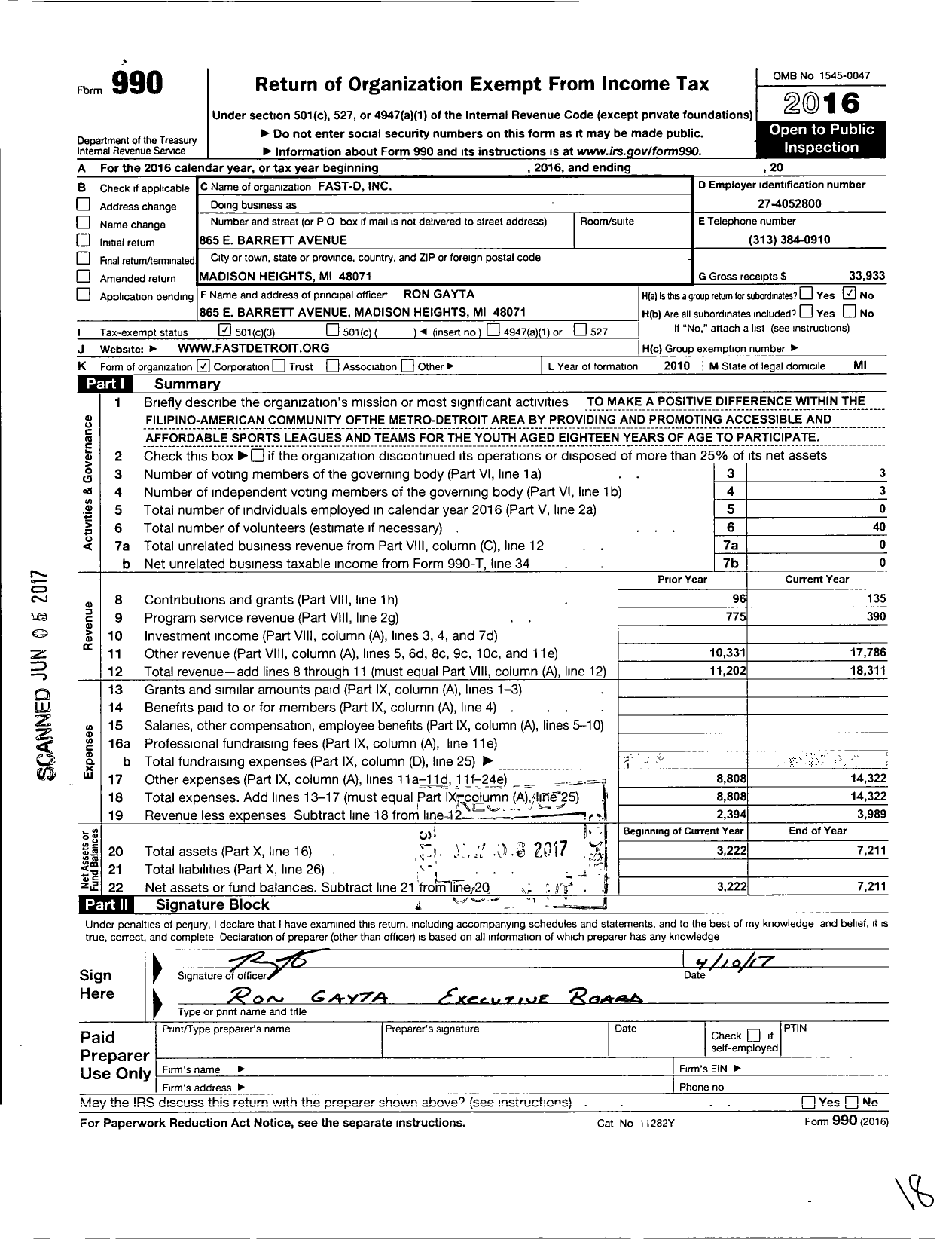 Image of first page of 2016 Form 990 for Fast-D