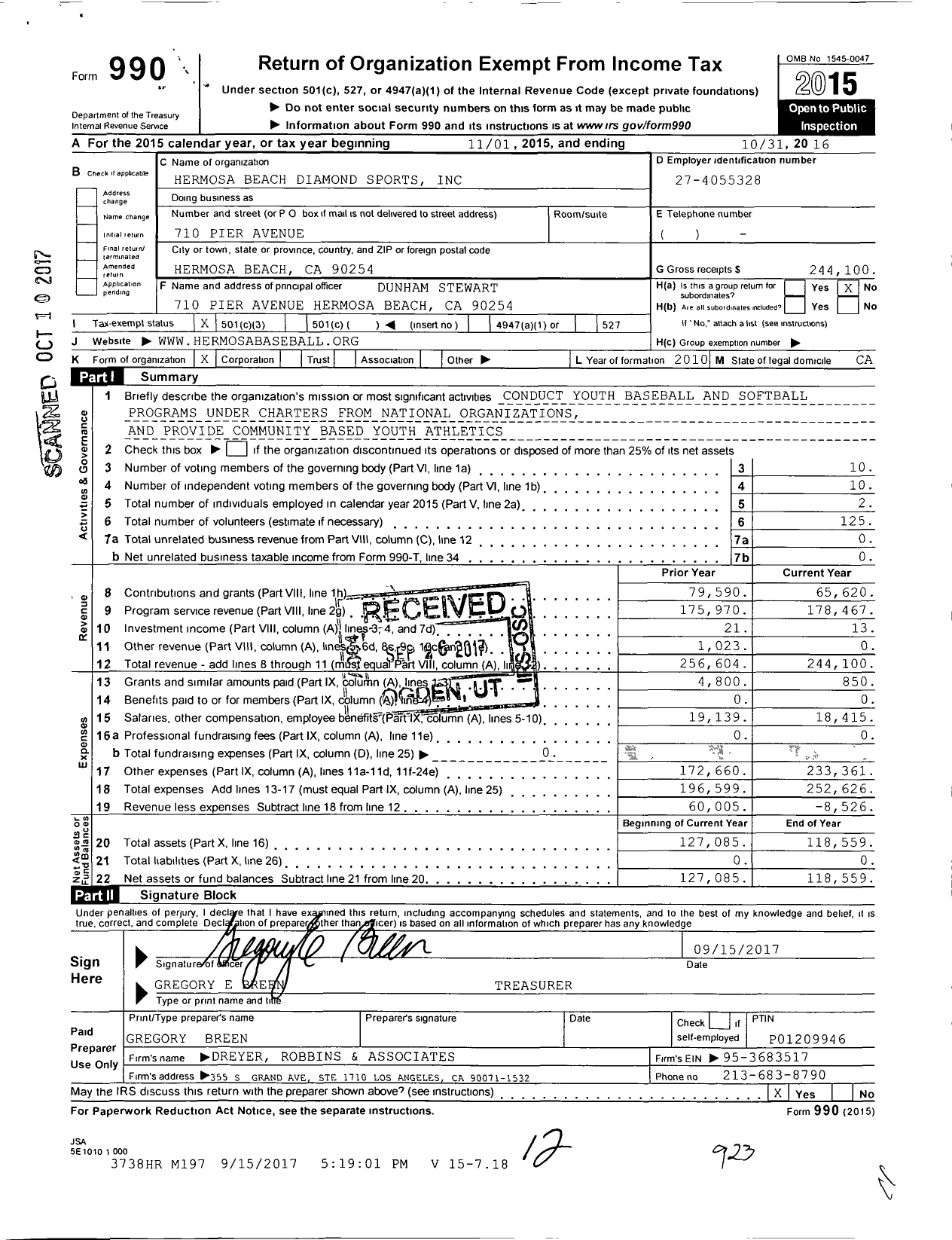 Image of first page of 2015 Form 990 for Hermosa Beach Diamond Sports Inc Hermosa Beach Little League