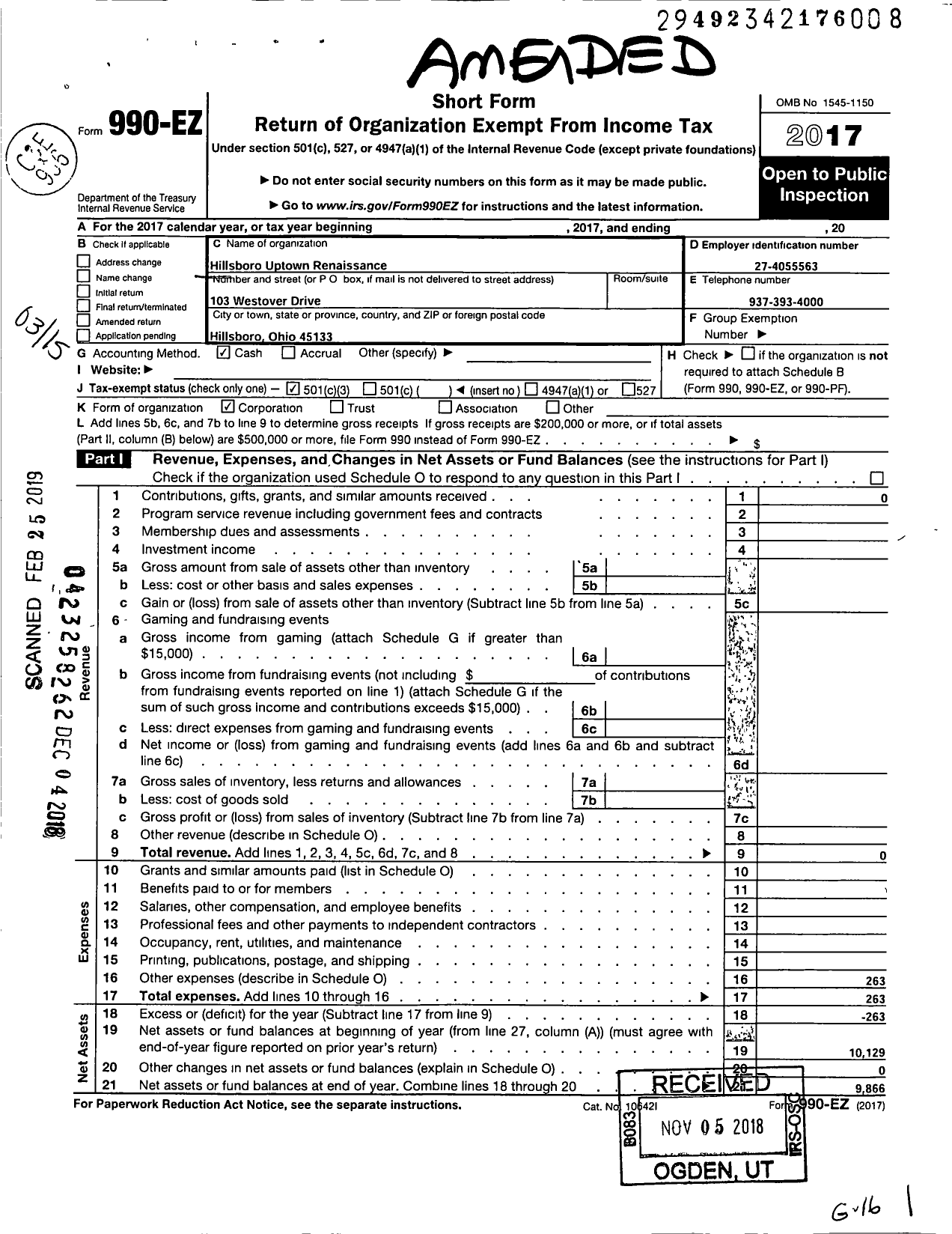 Image of first page of 2017 Form 990EZ for Hillsboro Uptown Renaissance Project